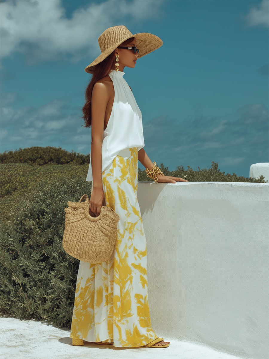 Resort-style White Sleeveless Top And Yellow Printed Skirt Set
