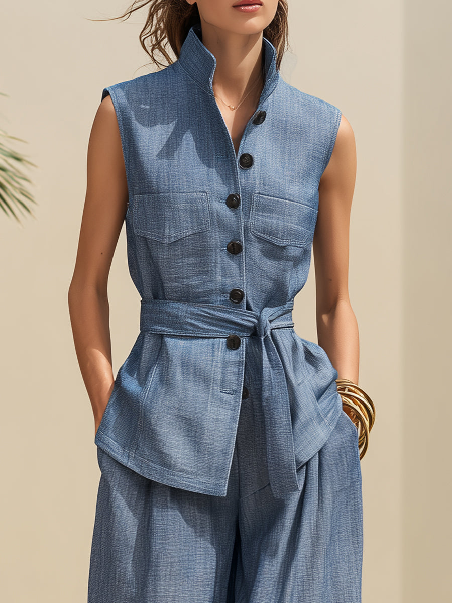 Casual Vacation Light Blue Cotton And Linen Top And Wide-leg Pants Set