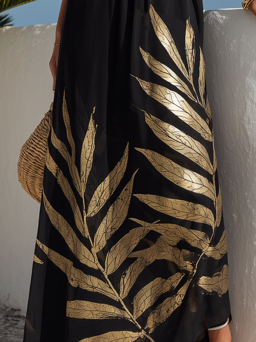 Resort-style Round Neck Black Printed Sleeveless Maxi Dress