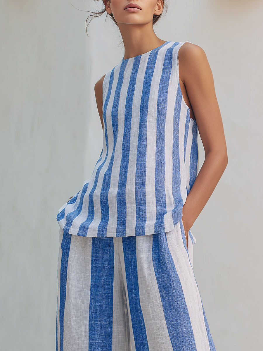Mediterranean Blue And White Striped Sleeveless Top And Wide-leg Pants Set