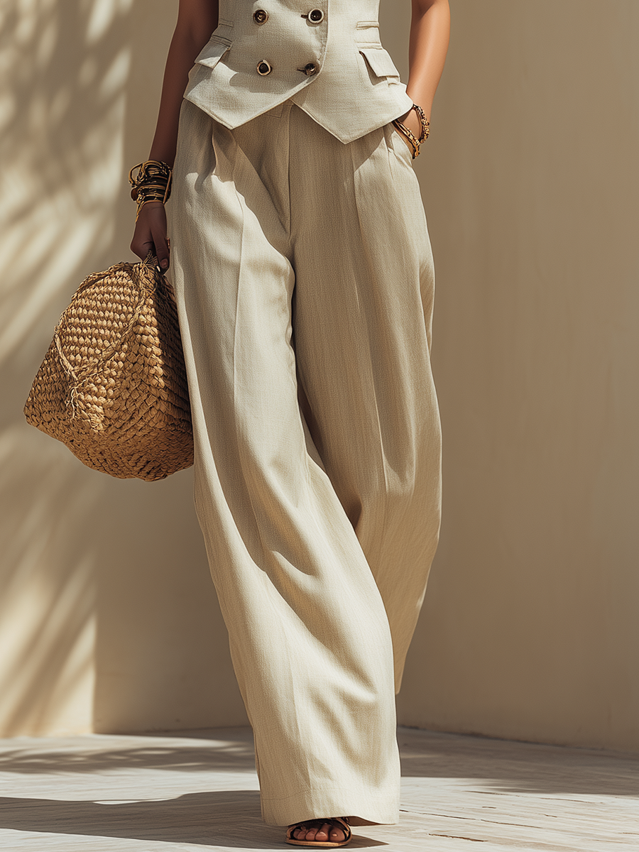 Luxury Resort-style Sleeveless Suit Vest And Wide-leg Pants Cotton And Linen Set