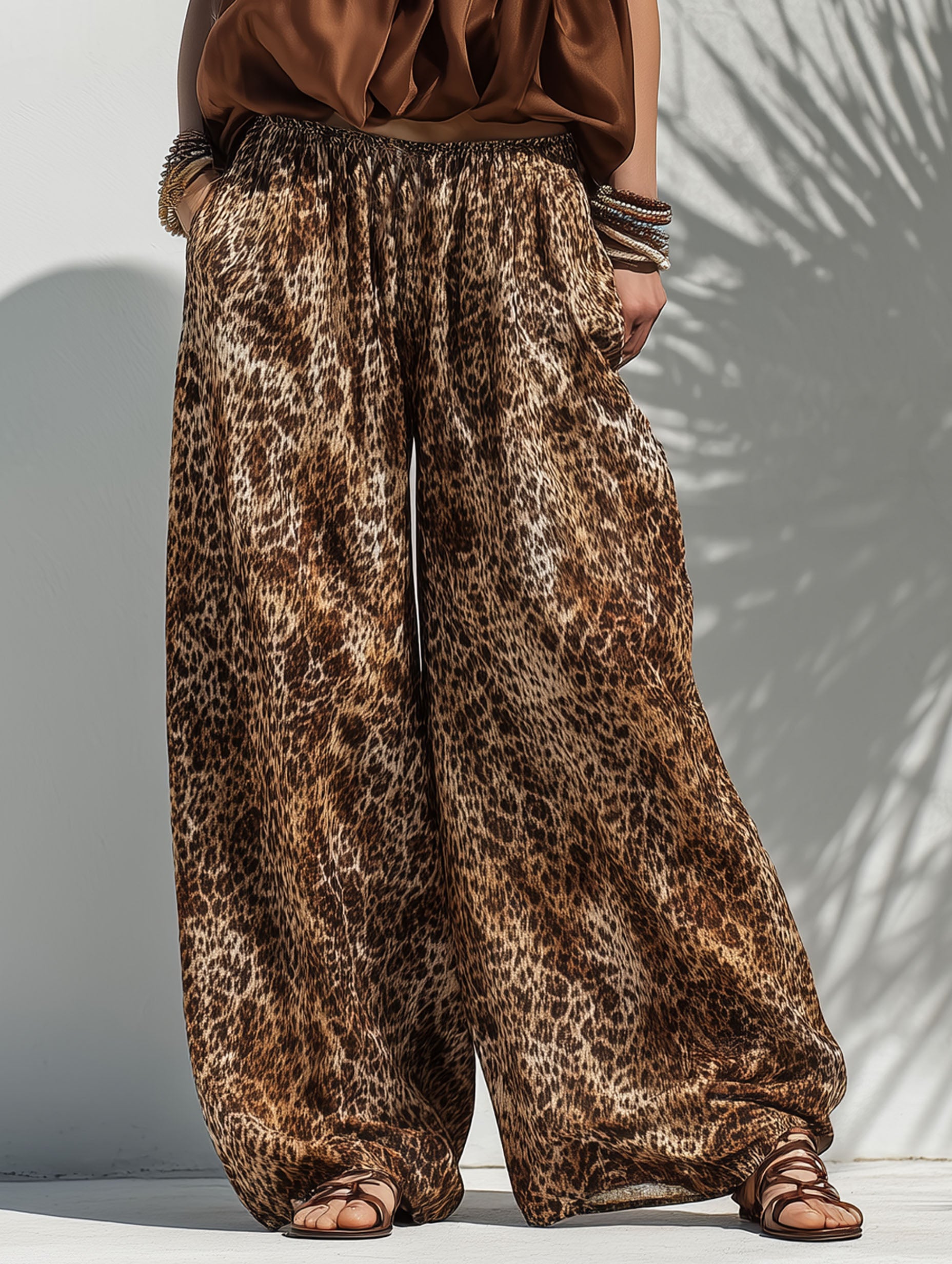 Resort-Style Brown Satin Top And Chiffon Leopard Print Trousers Set