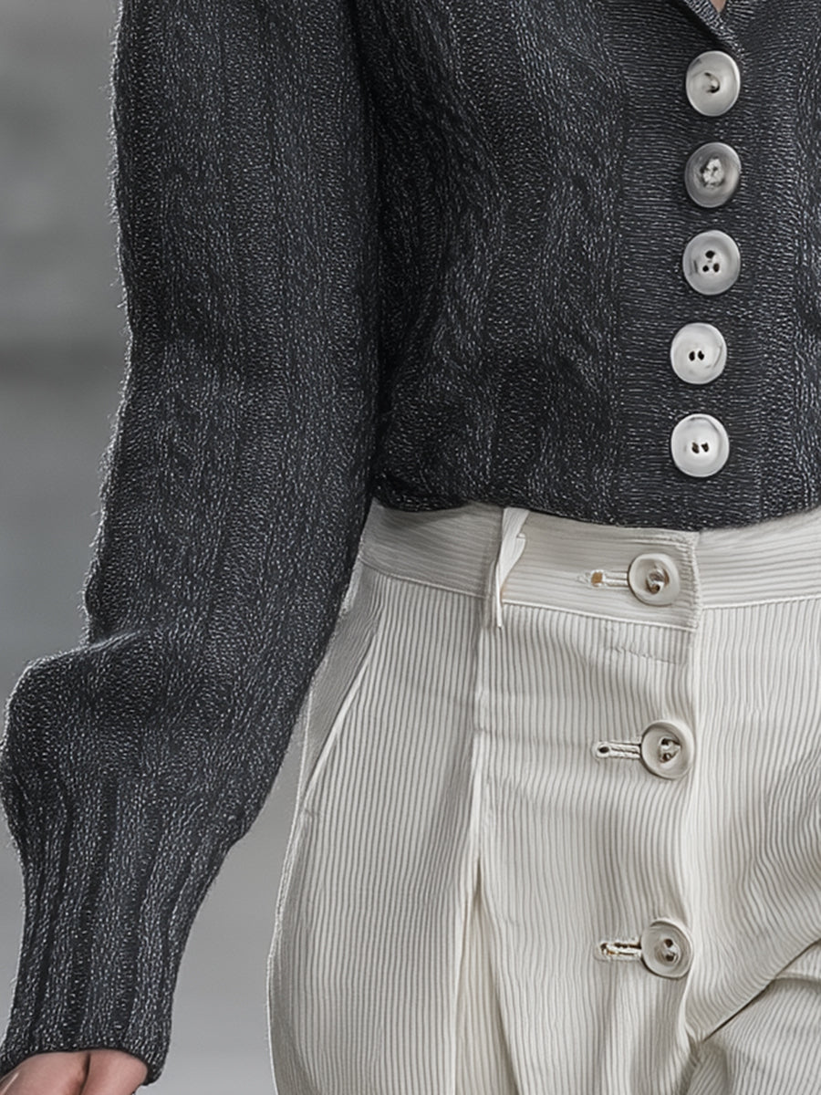 Simple And Fashionable White Colorblock Lapel Gray Knitted Cardigan