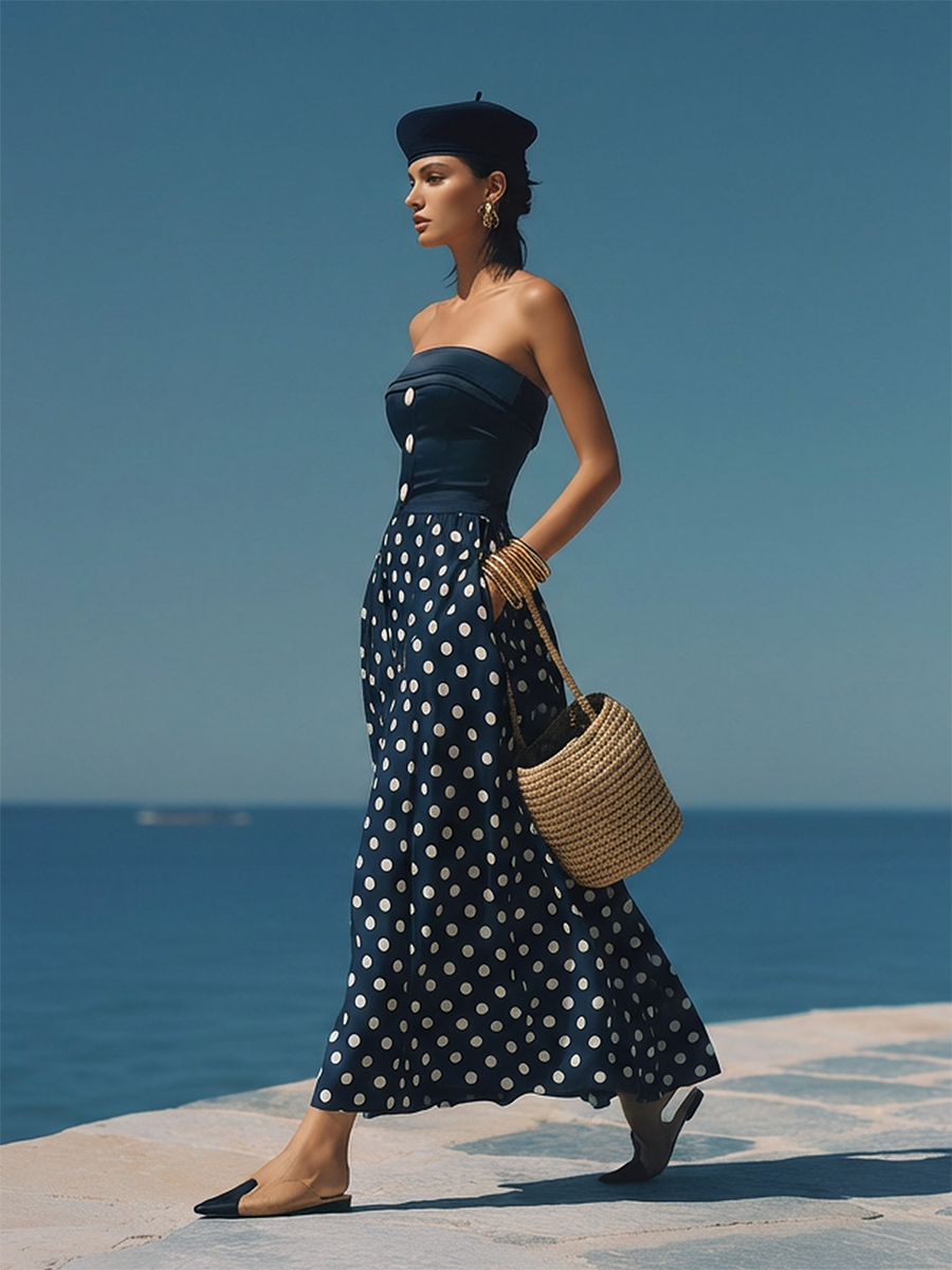 Stylish Nautical-inspired White Polka Dot Dark Blue Satin Maxi Dress