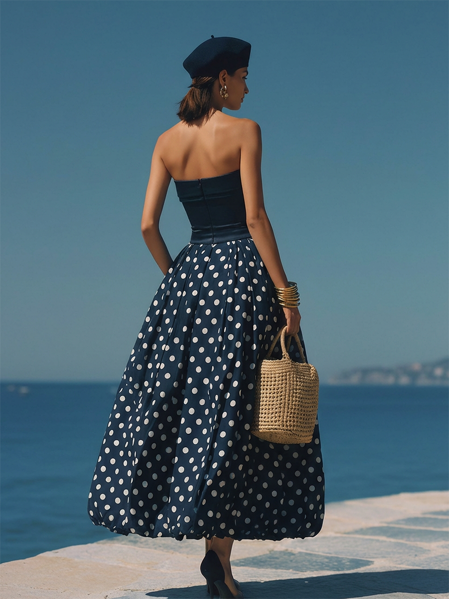Stylish Nautical-inspired White Polka Dot Dark Blue Satin Maxi Dress