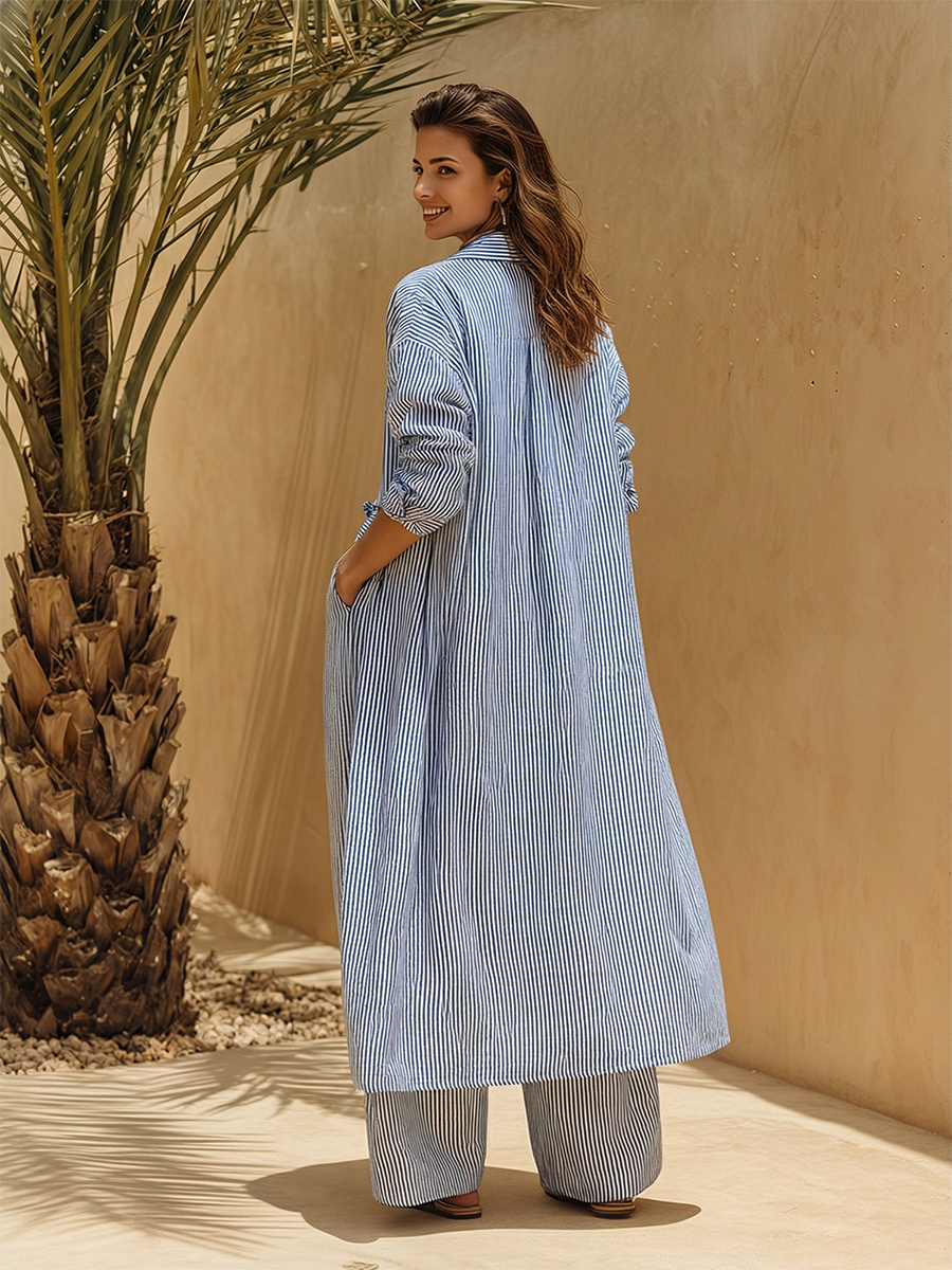 Casual Vacation Style Blue And White Striped Long Cotton And Linen Shirt And Wide-leg Pants Set