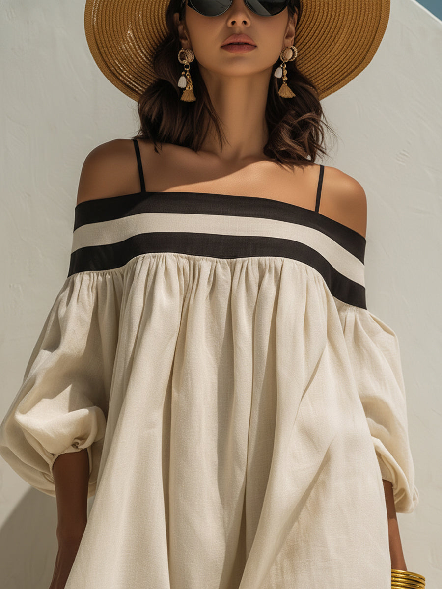 Loose-fitting Color-blocked Off-the-shoulder Beige Cotton-linen Maxi Dress