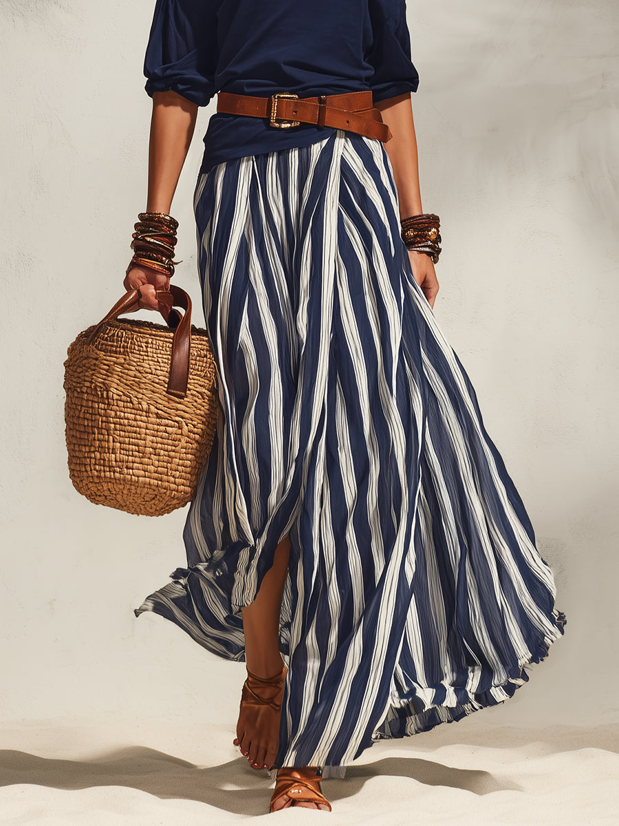 Nautical Vacation Style Navy Blue Off-the-shoulder Top And Navy Blue And White Striped Chiffon Slit Skirt Set