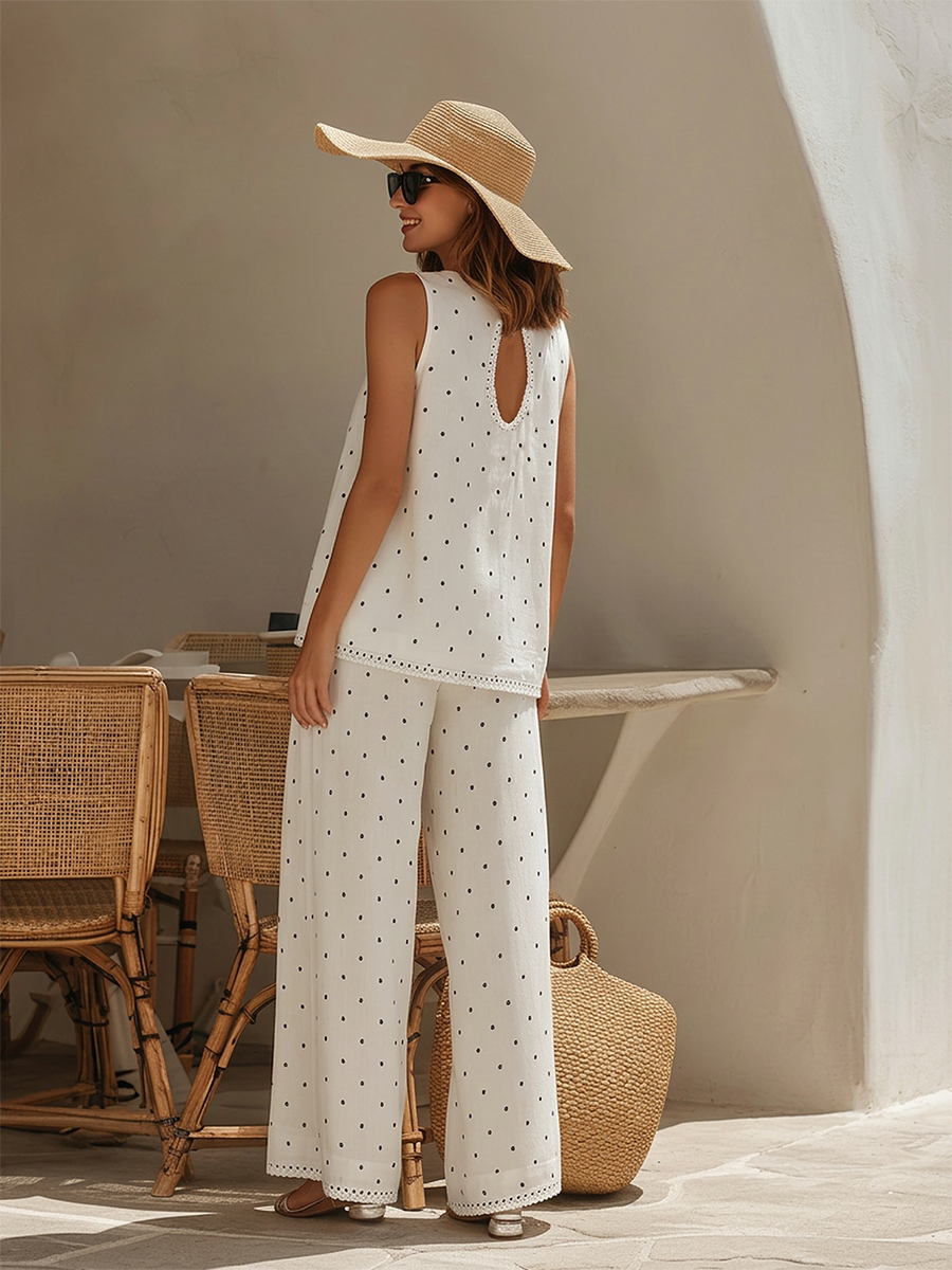 Minimalist Resort Black Polka-Dot Sleeveless Top With Lace Trim And Wide-Leg Pants Cotton-Linen Matching Set