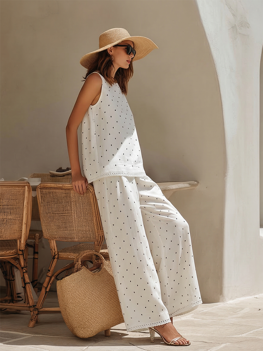 Minimalist Resort Black Polka-Dot Sleeveless Top With Lace Trim And Wide-Leg Pants Cotton-Linen Matching Set
