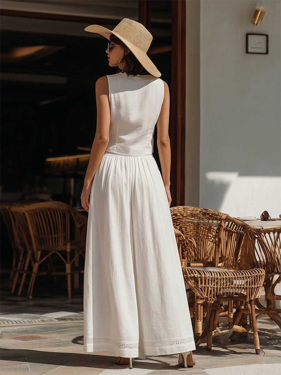 Bohemian Lace-Trimmed Sleeveless Tie-Front Top And Wide-Leg Pants White Cotton Set