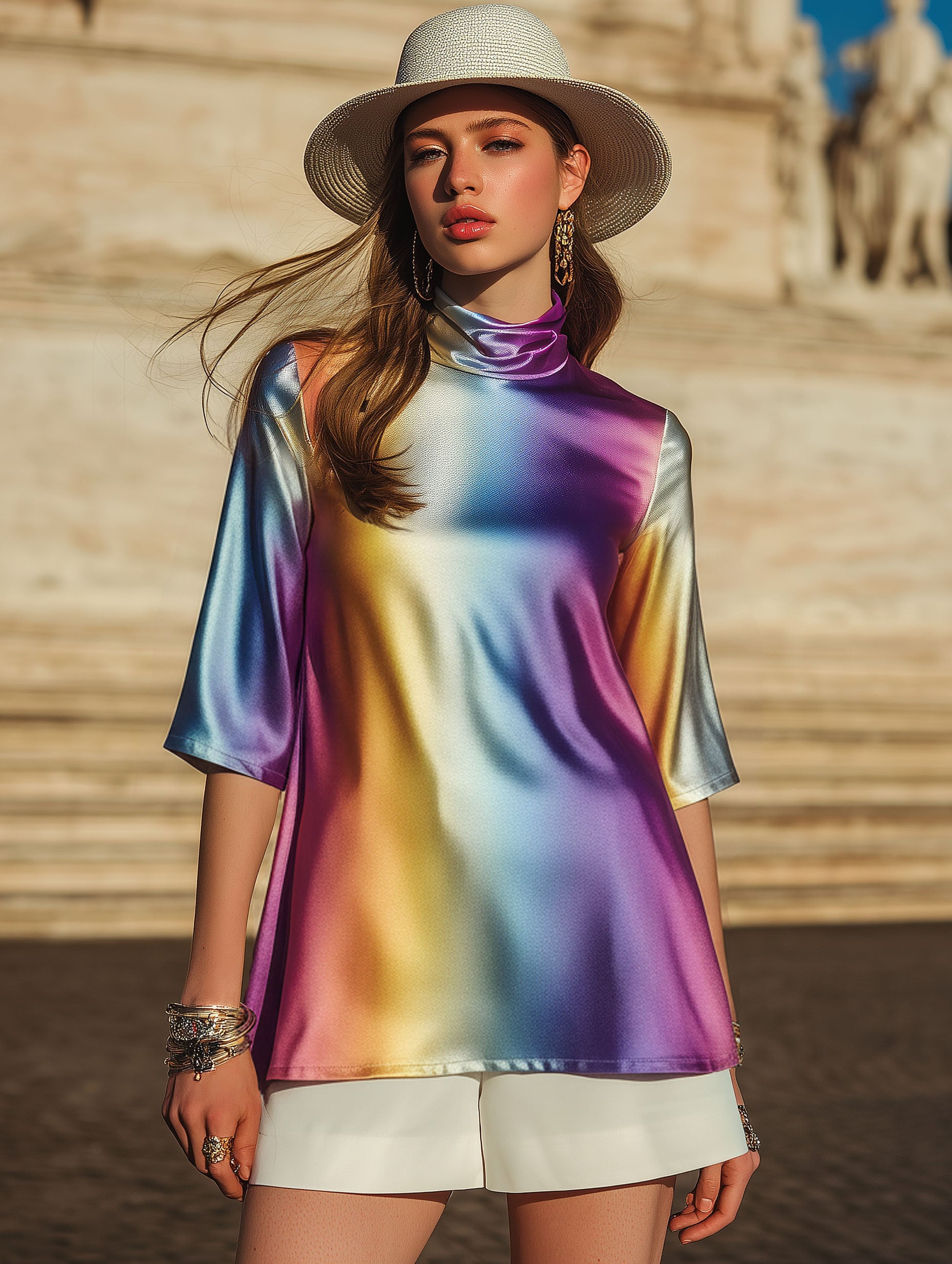 Vacation Purple-Blue Gradient Satin Print Mid-Sleeve T-Shirt