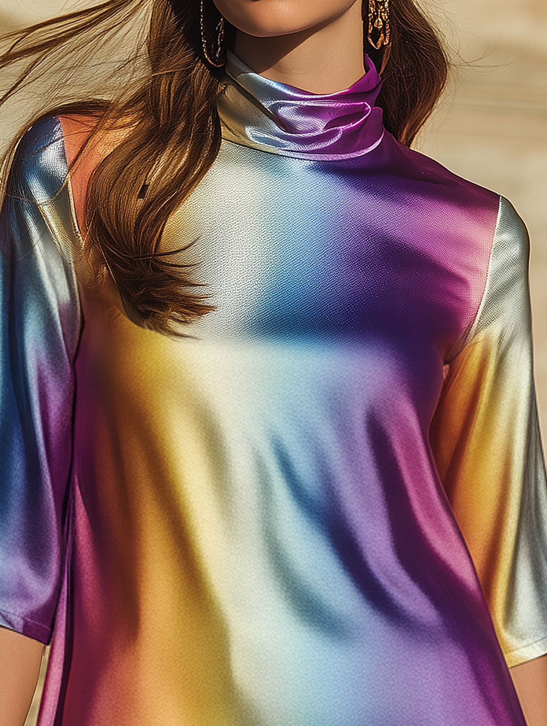 Vacation Purple-Blue Gradient Satin Print Mid-Sleeve T-Shirt