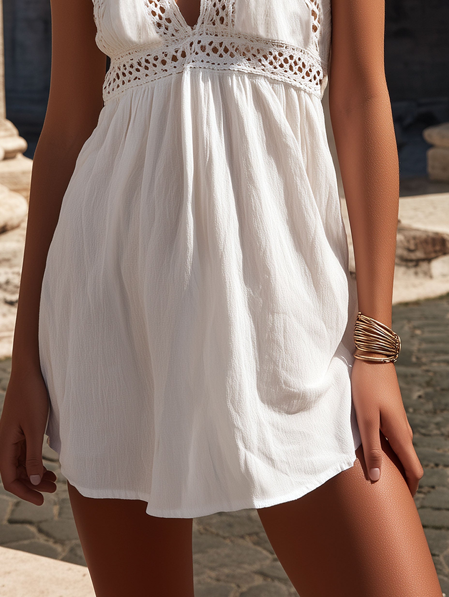Vacation White V-neck Cotton Linen Patchwork Lace Ribbon Mini Dress