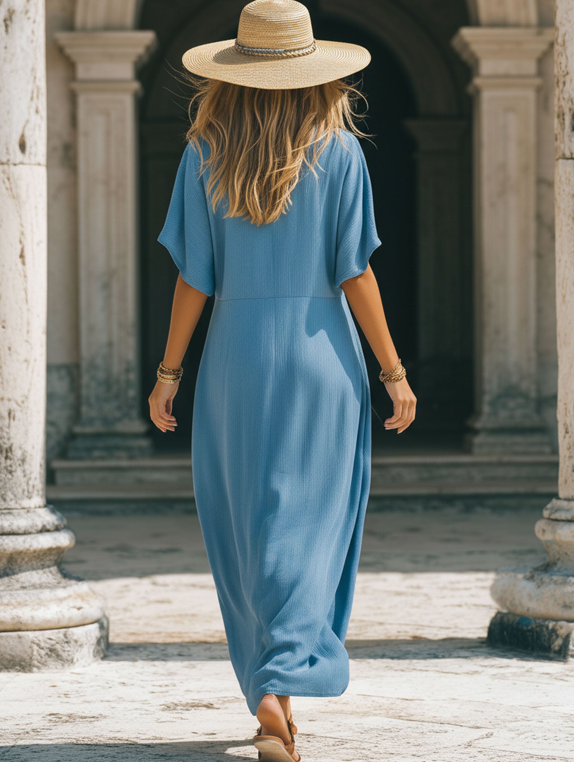 Blue With Pleated Short Sleeves Made Of High-Quality Textured Fabric Maxi Dress