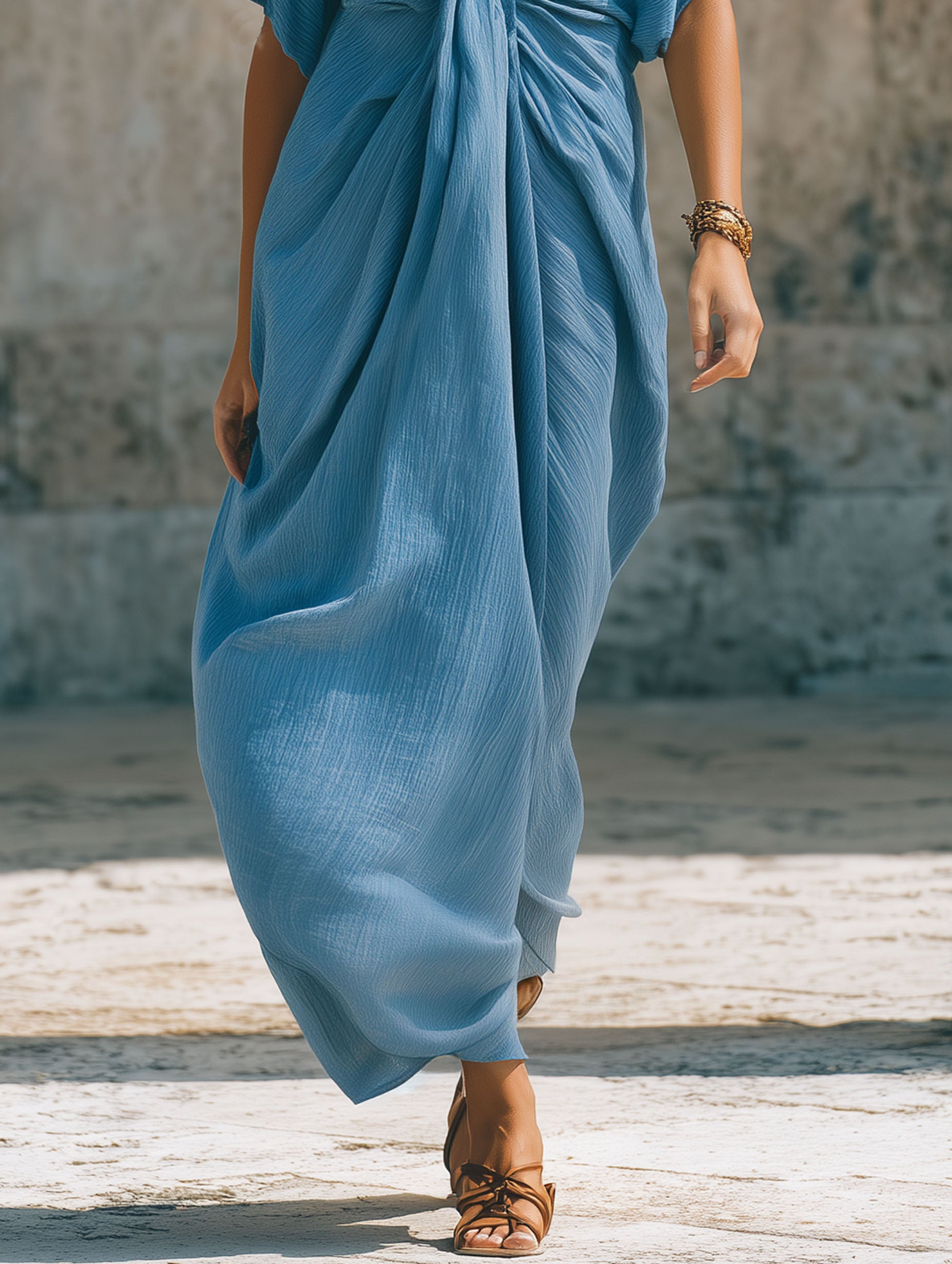 Blue With Pleated Short Sleeves Made Of High-Quality Textured Fabric Maxi Dress