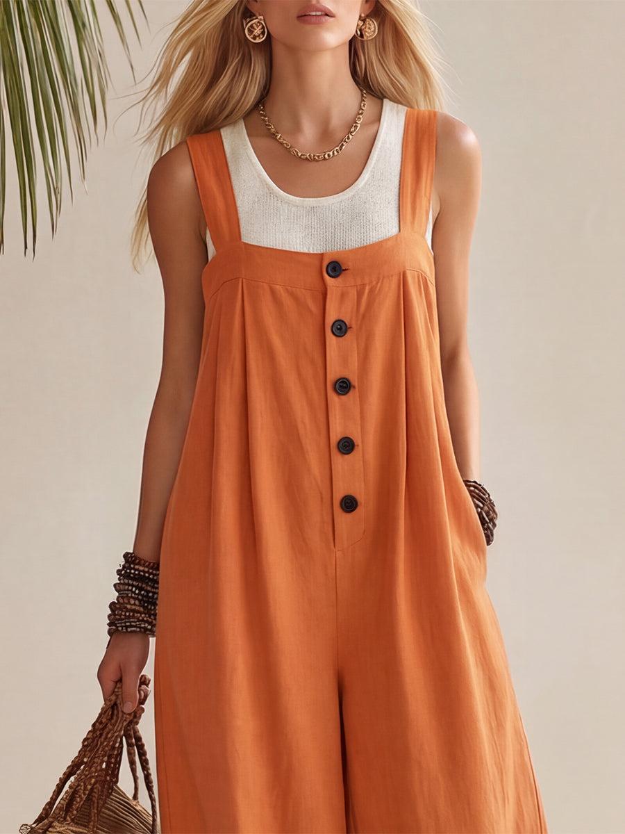 Bohemian Vibrant Orange Wide-Strap Button-Down Overalls