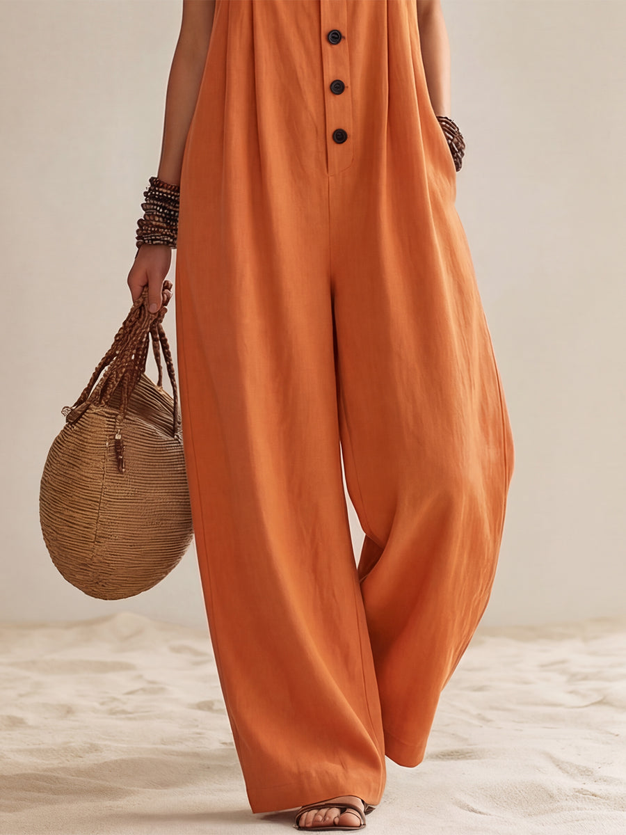 Bohemian Vibrant Orange Wide-Strap Button-Down Overalls