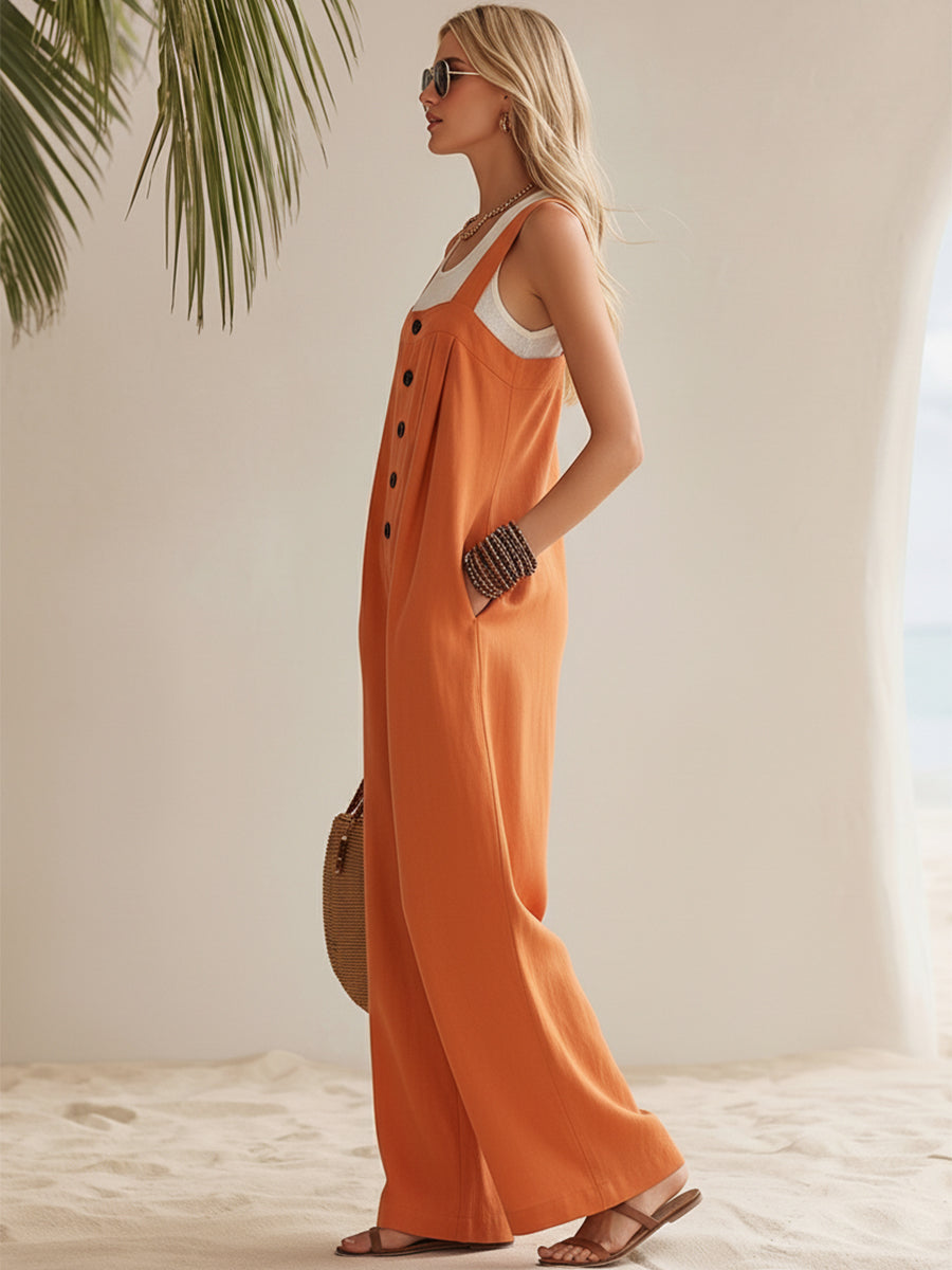 Bohemian Vibrant Orange Wide-Strap Button-Down Overalls