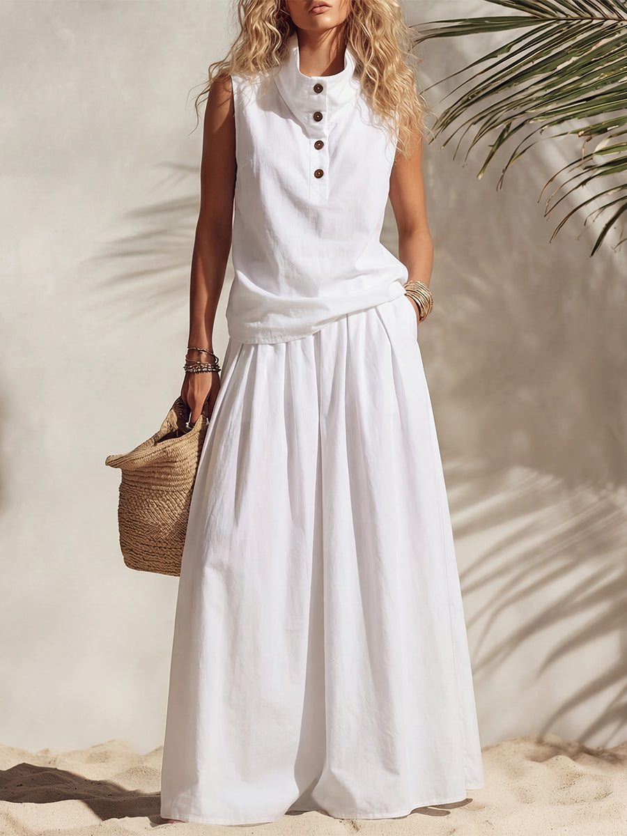 Casual Vacation White Sleeveless Turtleneck Button-down Top And High-waisted Loose Skirt Set