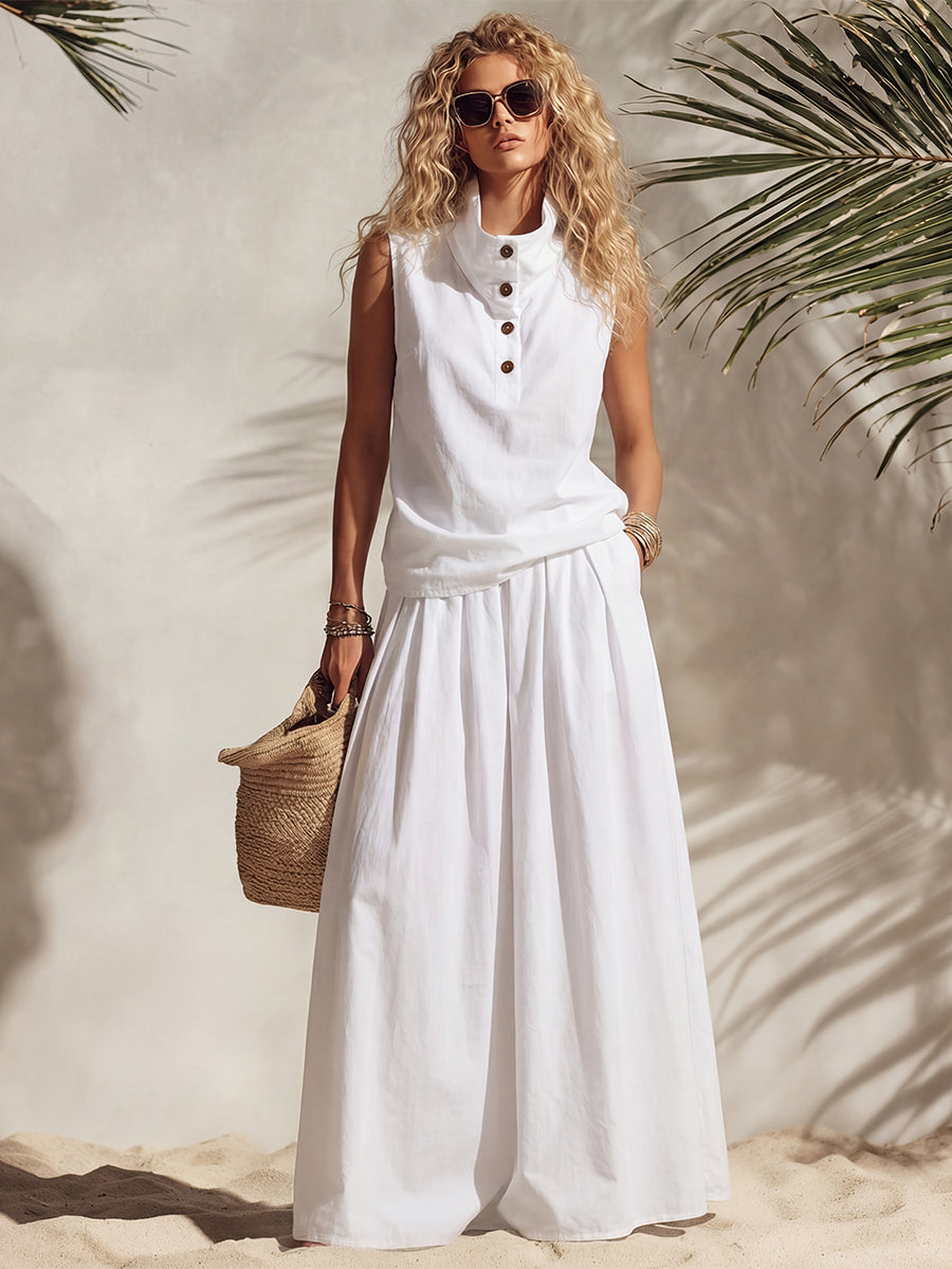 Casual Vacation White Sleeveless Turtleneck Button-down Top And High-waisted Loose Skirt Set