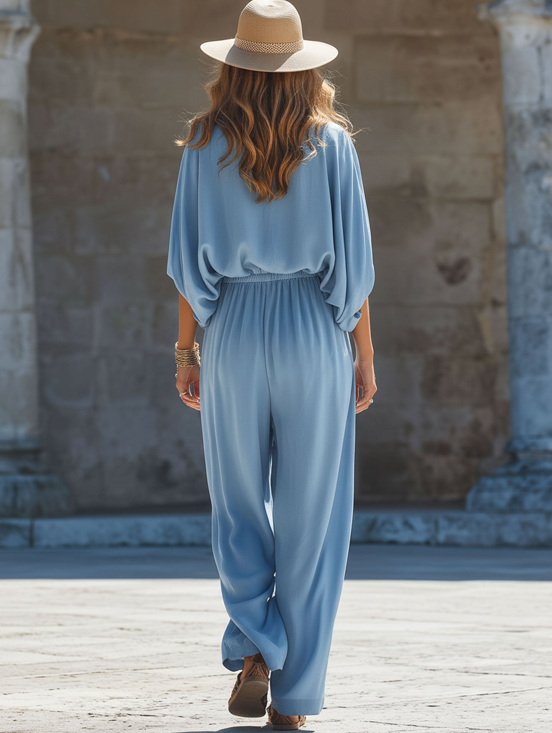 Elegant Blue V-Neck  With Flutter Sleeves Perfect For A Vacation Jumpsuit