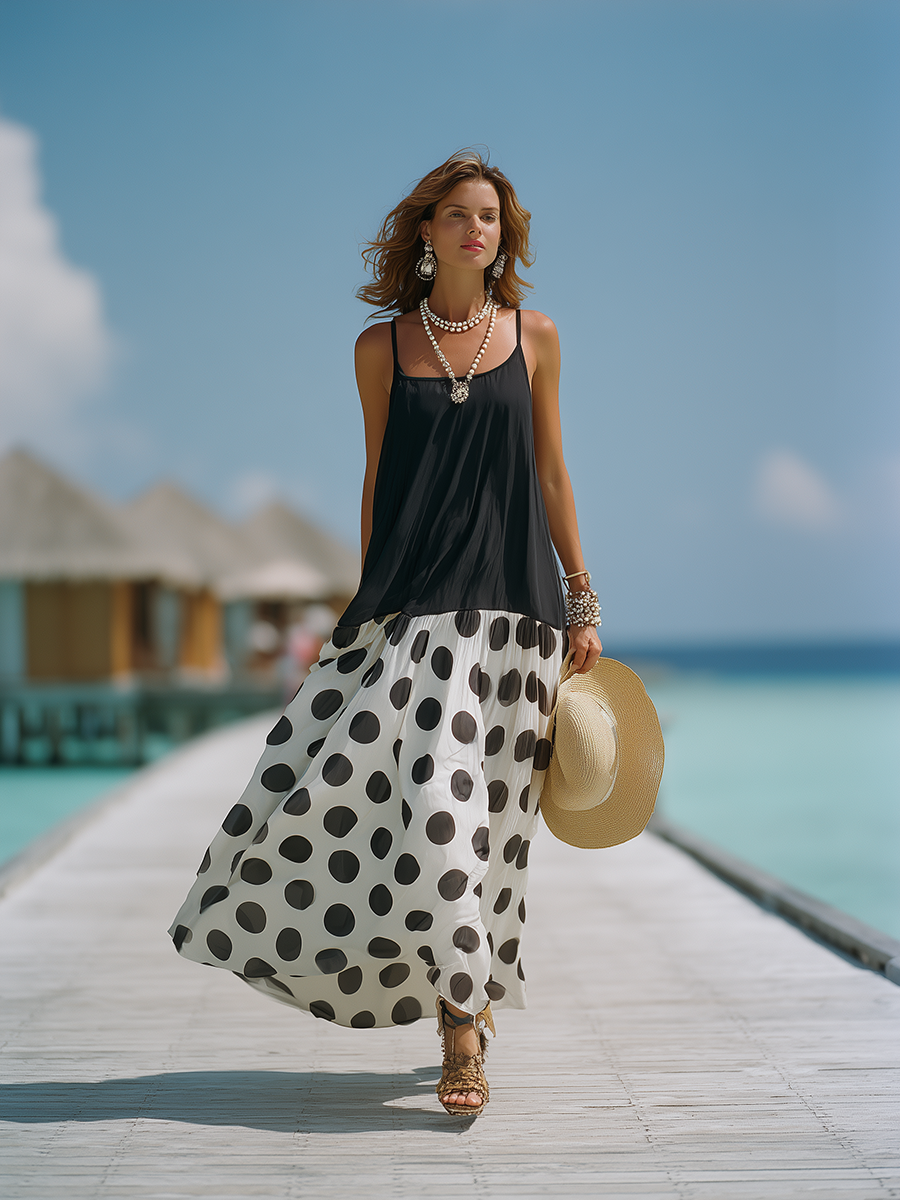 Vacation-Style Color-Block Polka Dot Sleeveless Loose Maxi Dress