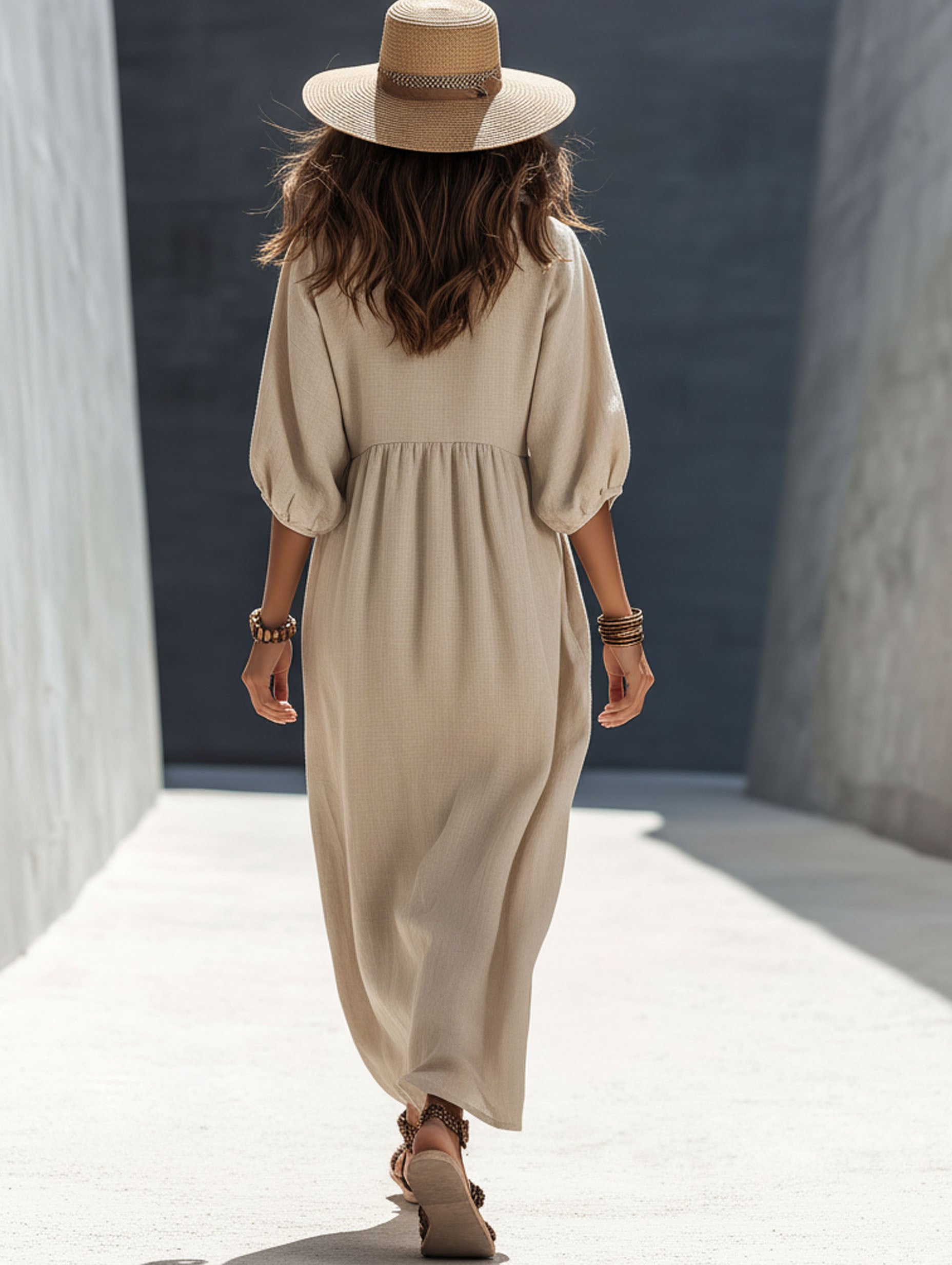 High-End Resort Beige Cotton Linen Mid-Sleeve Maxi Dress