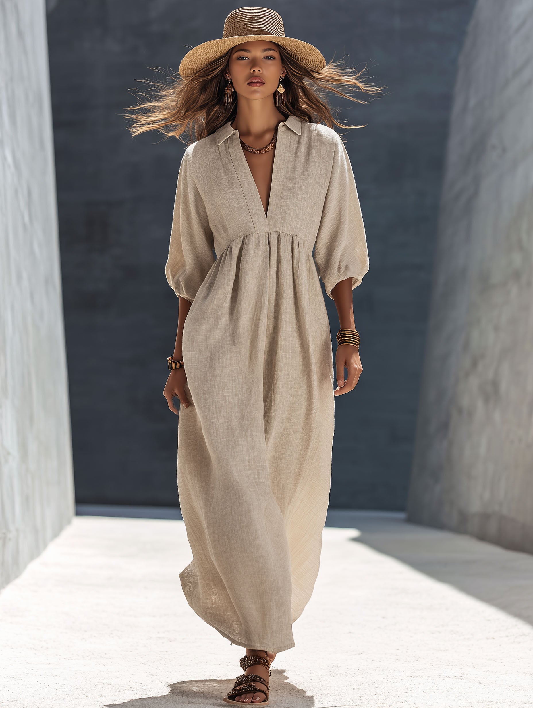 High-End Resort Beige Cotton Linen Mid-Sleeve Maxi Dress
