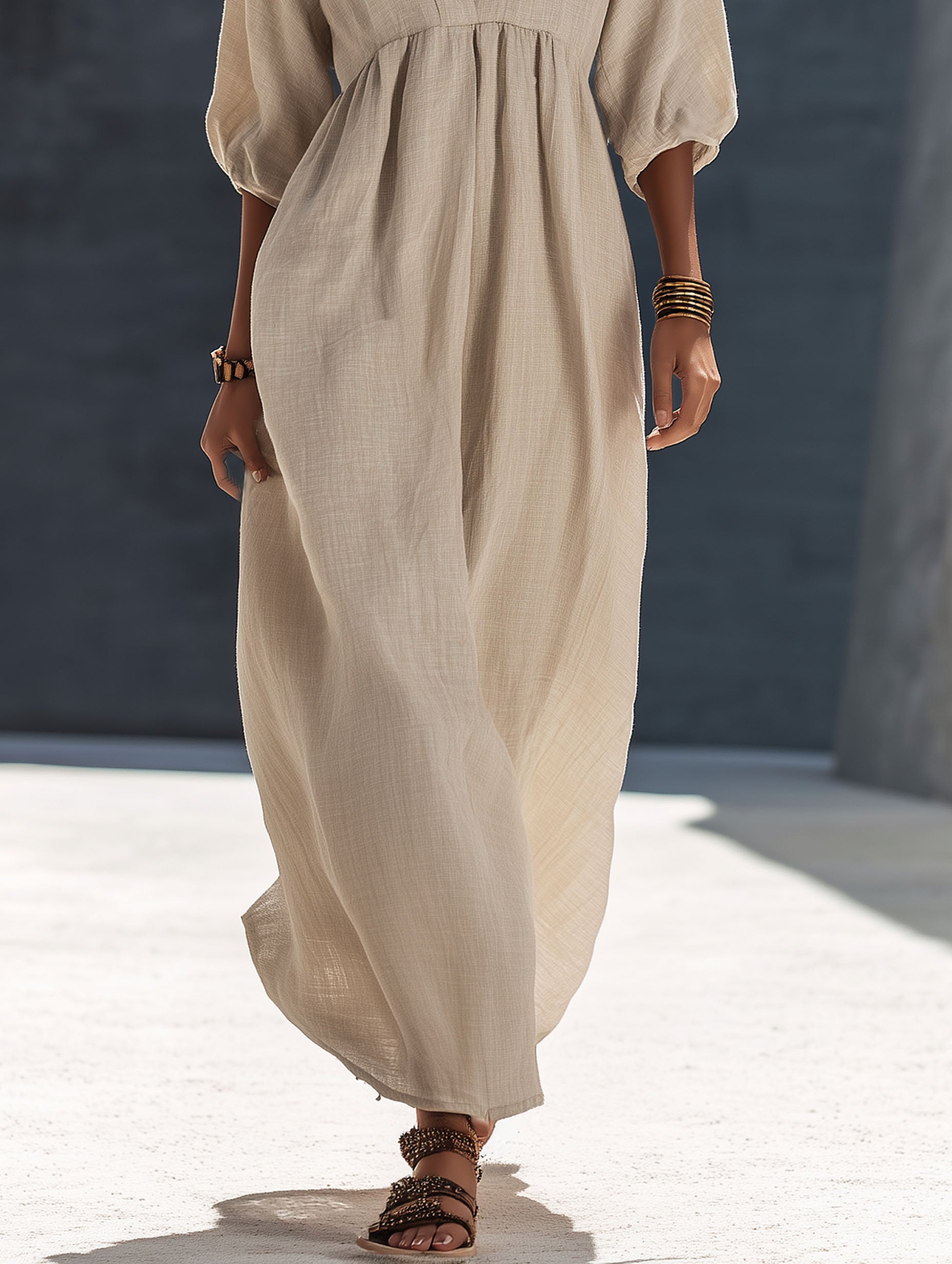 High-End Resort Beige Cotton Linen Mid-Sleeve Maxi Dress
