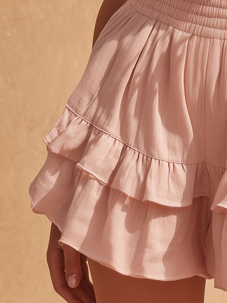 Vacation-Style Pink Ruffled Loose Shorts