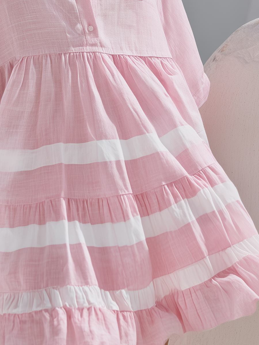 Vacation-Style Casual Pink V-Neck Short-Sleeve Loose Mini Dress