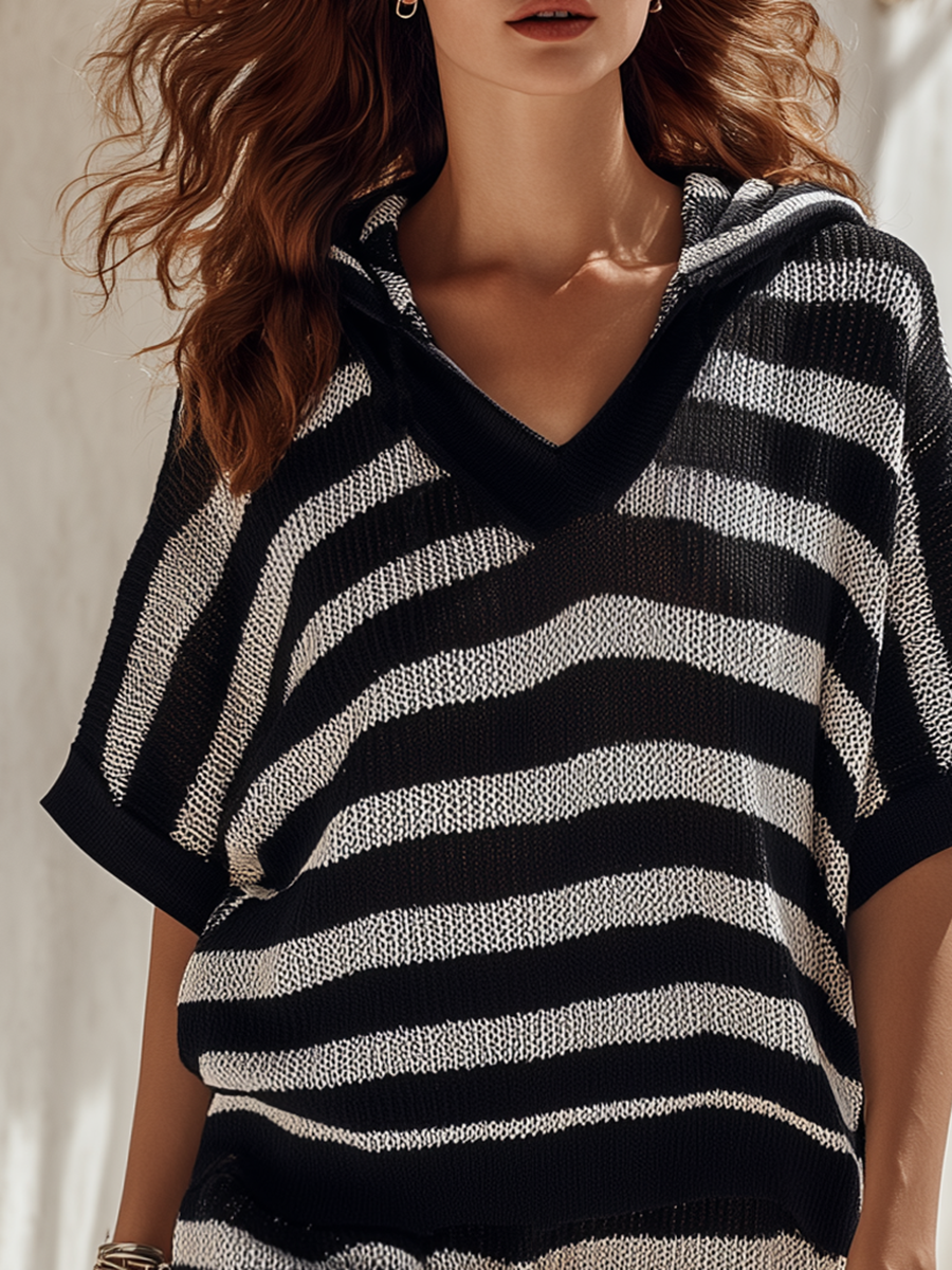 Casual Beach Black And White Striped Hooded Short-Sleeve Top And Shorts Knitted Set