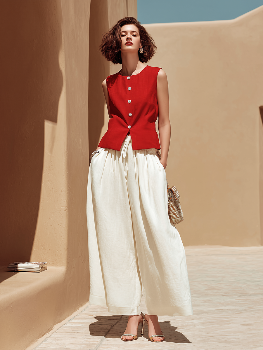 Vacation-Style Red Sleeveless Long Top And Wide-Leg Pants Set