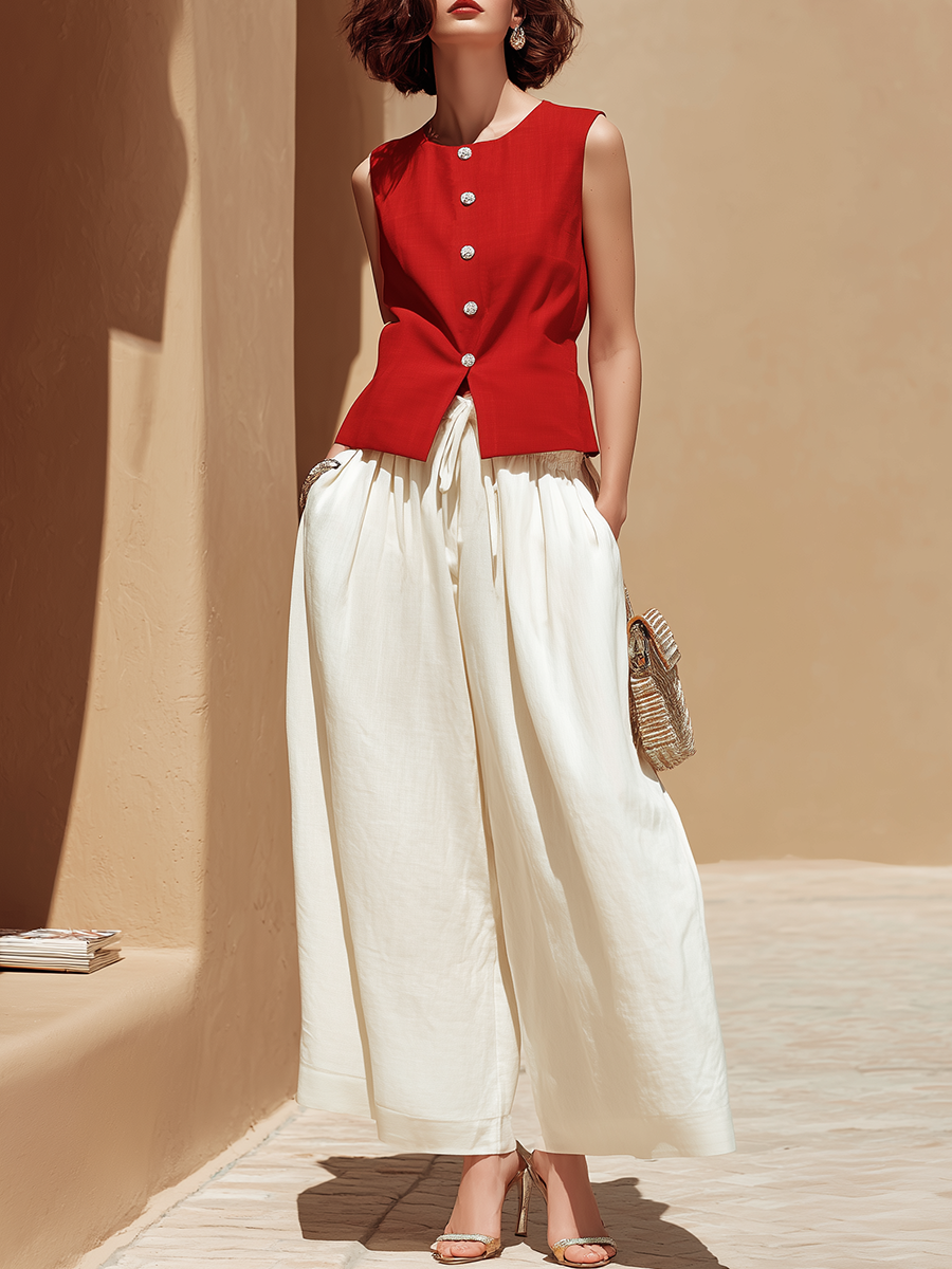 Vacation-Style Red Sleeveless Long Top And Wide-Leg Pants Set