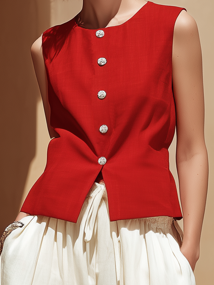 Vacation-Style Red Sleeveless Long Top And Wide-Leg Pants Set