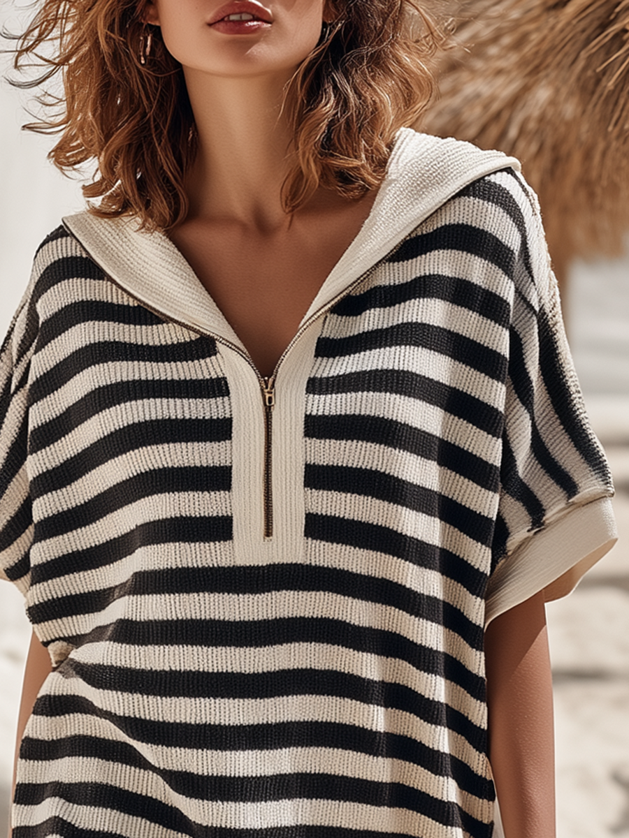 Casual Beach Black And White Striped Half-Zip Knitted Mini Dress