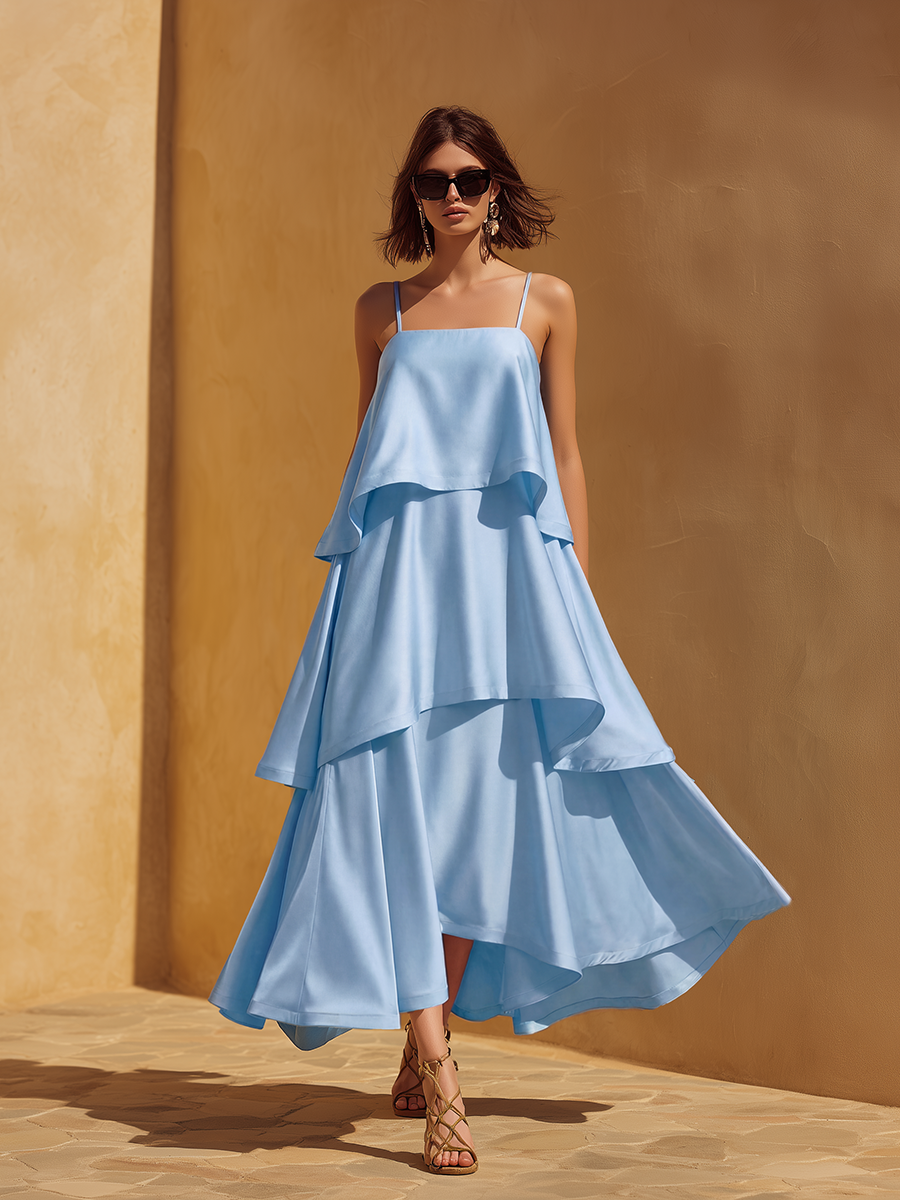 Elegant Vacation-Style Triple-Tiered Hem And Spaghetti Straps Sky Blue Satin Maxi Dress