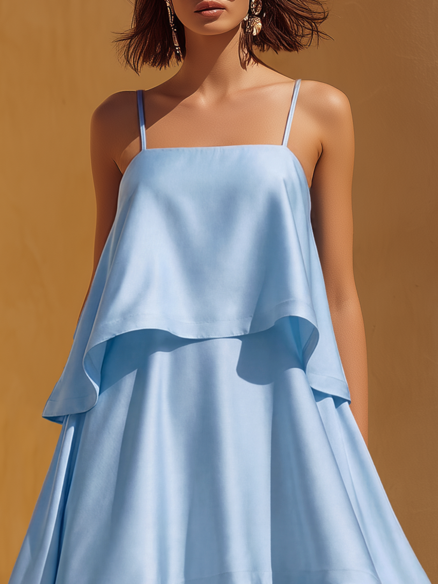 Elegant Vacation-Style Triple-Tiered Hem And Spaghetti Straps Sky Blue Satin Maxi Dress