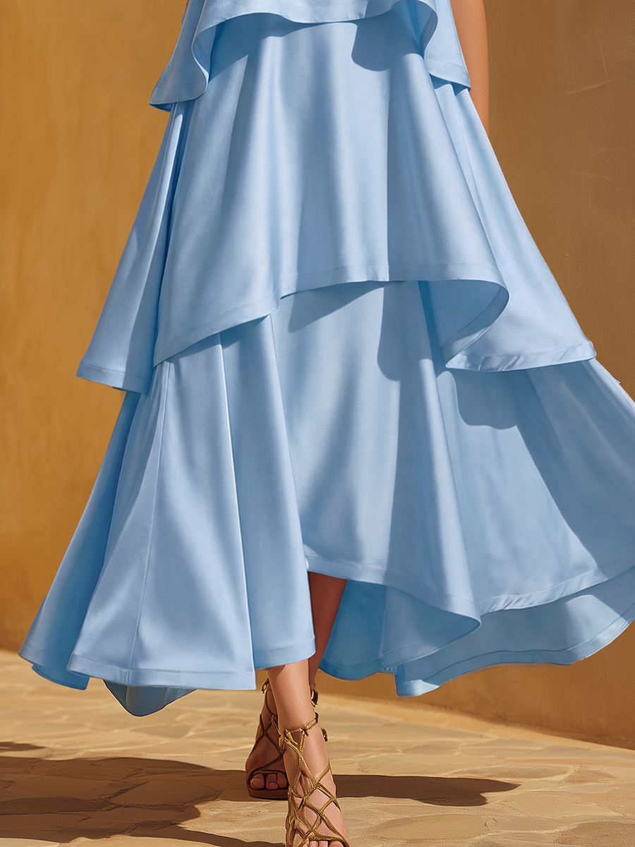 Elegant Vacation-Style Triple-Tiered Hem And Spaghetti Straps Sky Blue Satin Maxi Dress