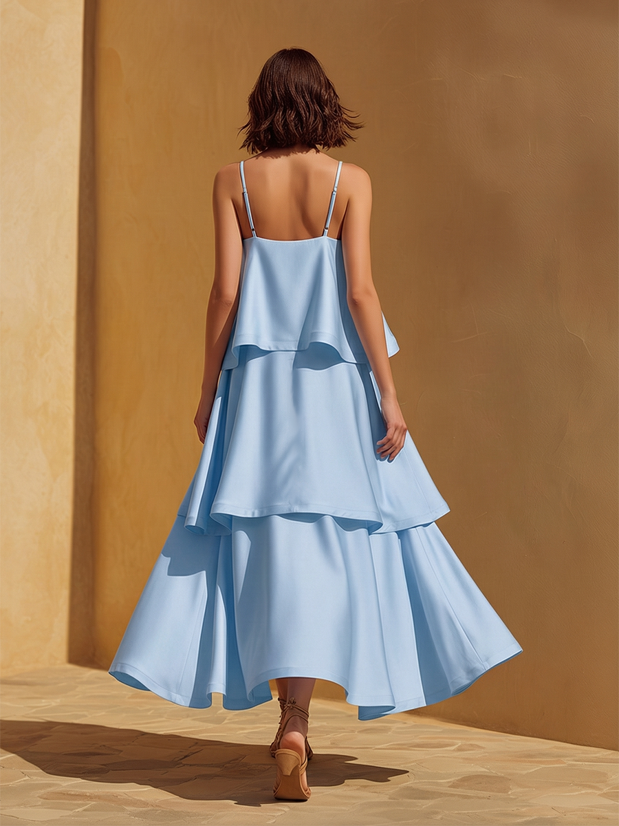 Elegant Vacation-Style Triple-Tiered Hem And Spaghetti Straps Sky Blue Satin Maxi Dress