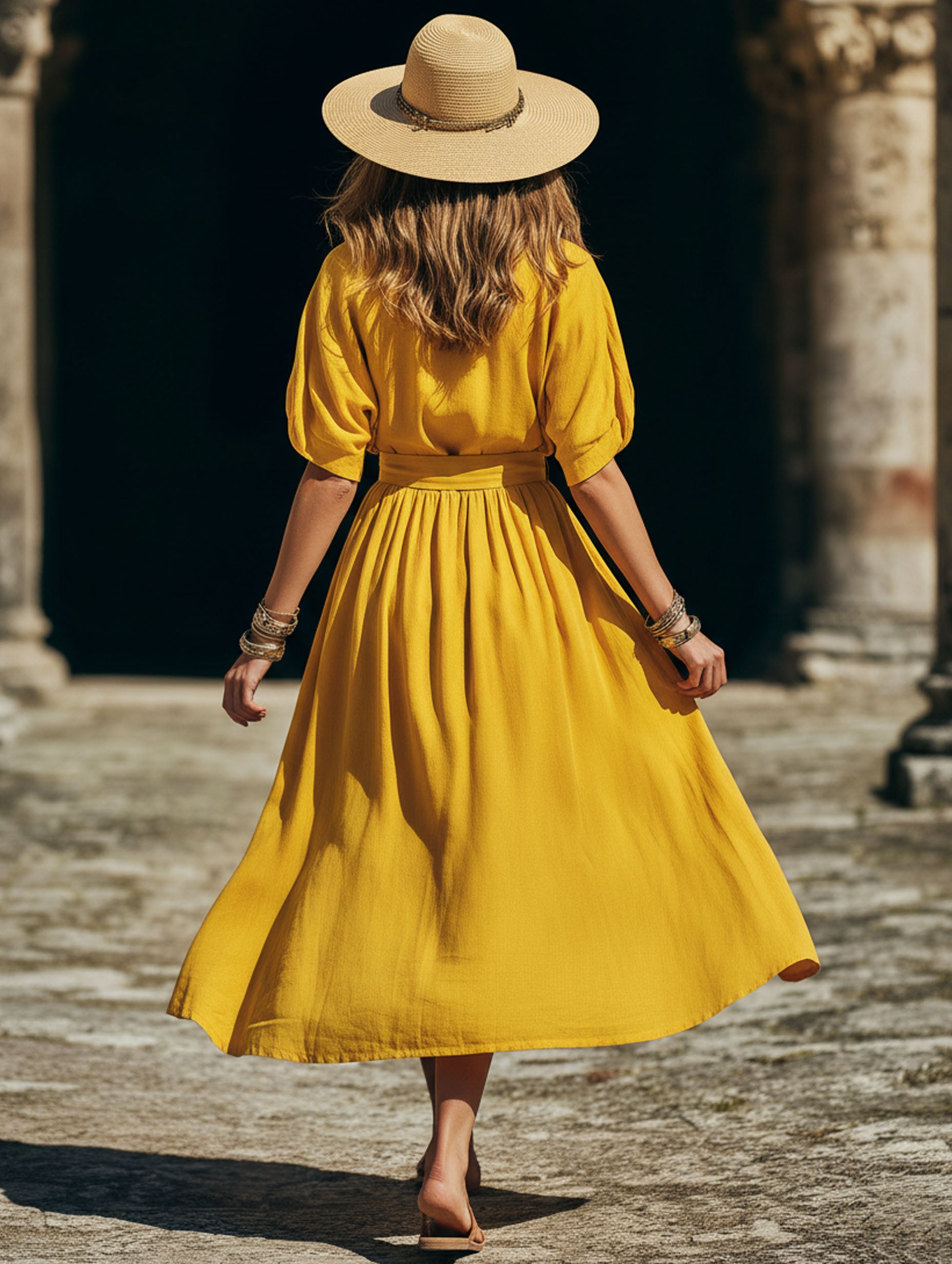 Yellow Fitted Cotton-Linen With Mid-Length Sleeves Perfect For Vacation Midi Dress