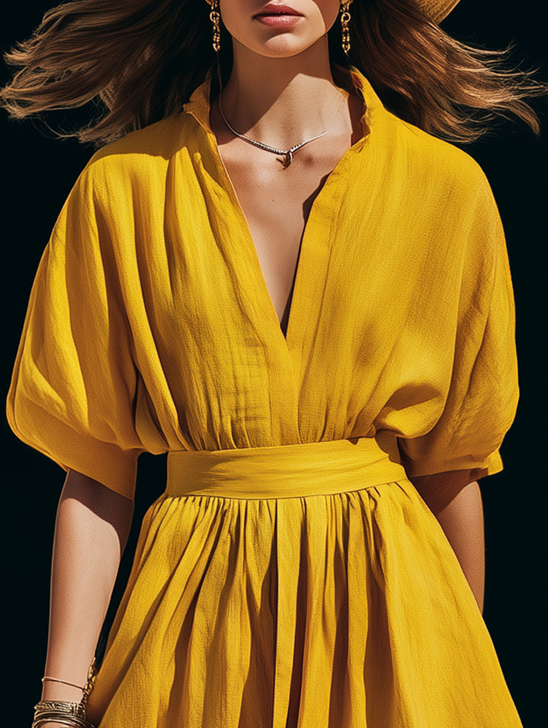 Yellow Fitted Cotton-Linen With Mid-Length Sleeves Perfect For Vacation Midi Dress