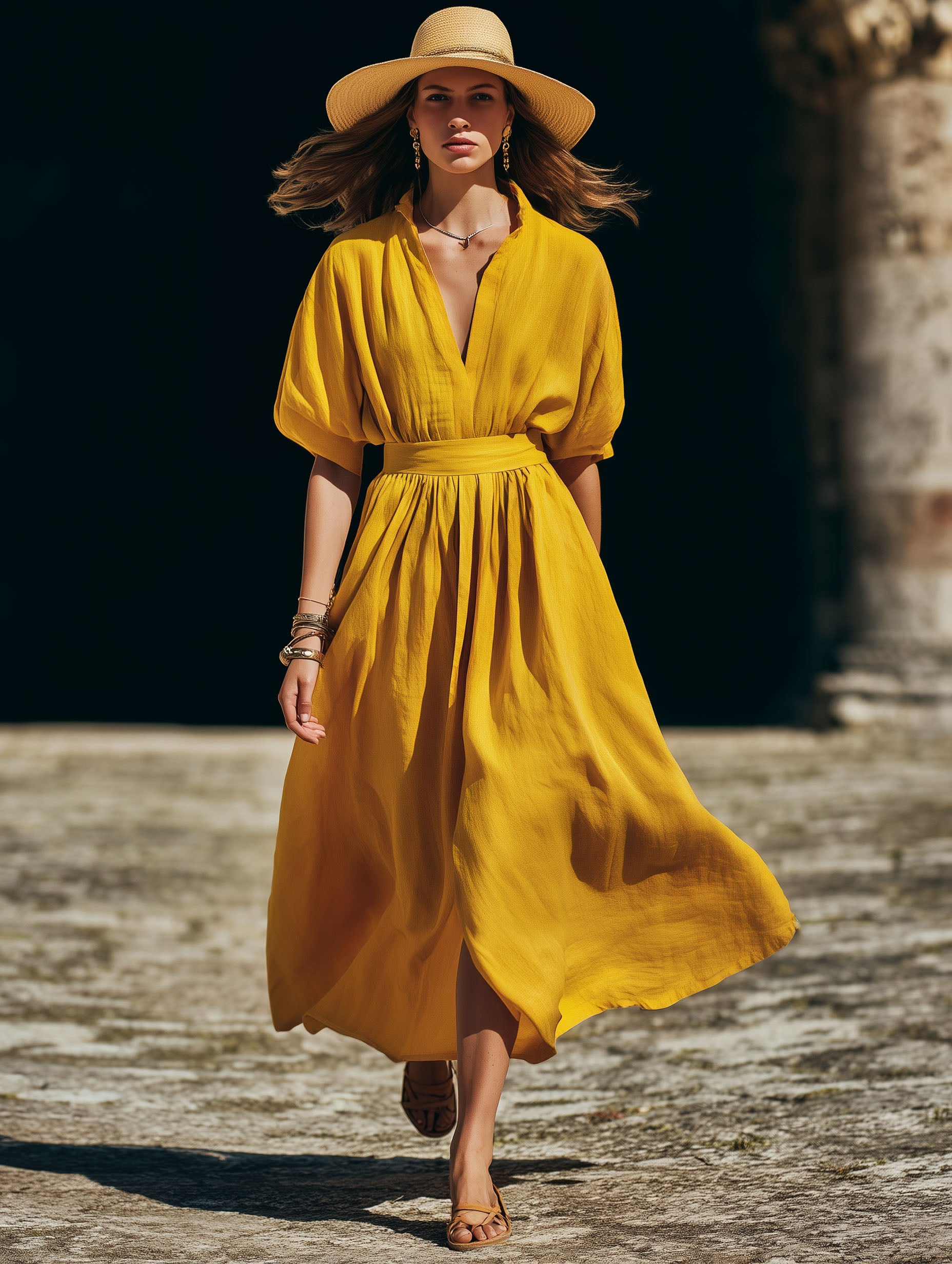 Yellow Fitted Cotton-Linen With Mid-Length Sleeves Perfect For Vacation Midi Dress
