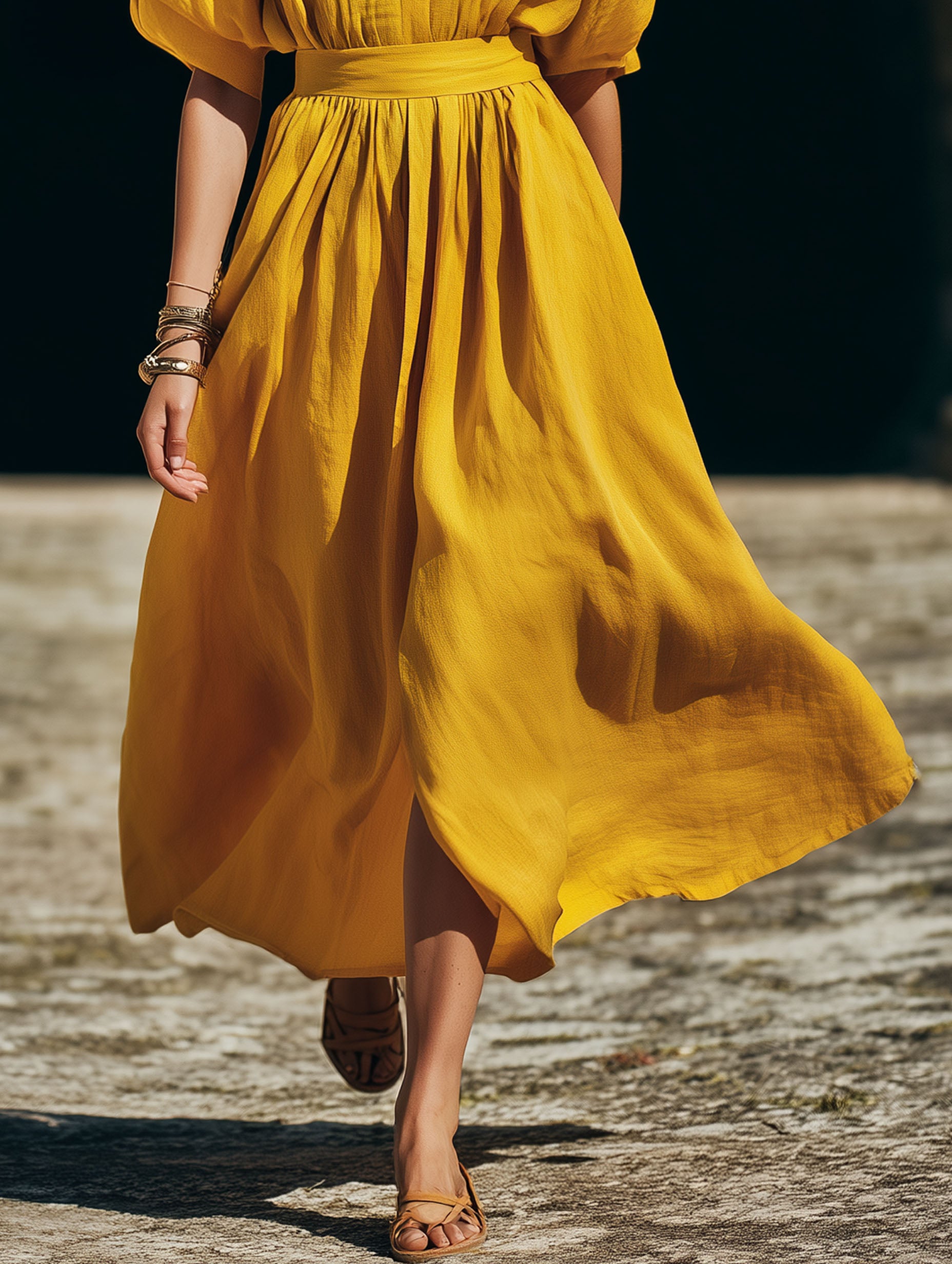 Yellow Fitted Cotton-Linen With Mid-Length Sleeves Perfect For Vacation Midi Dress