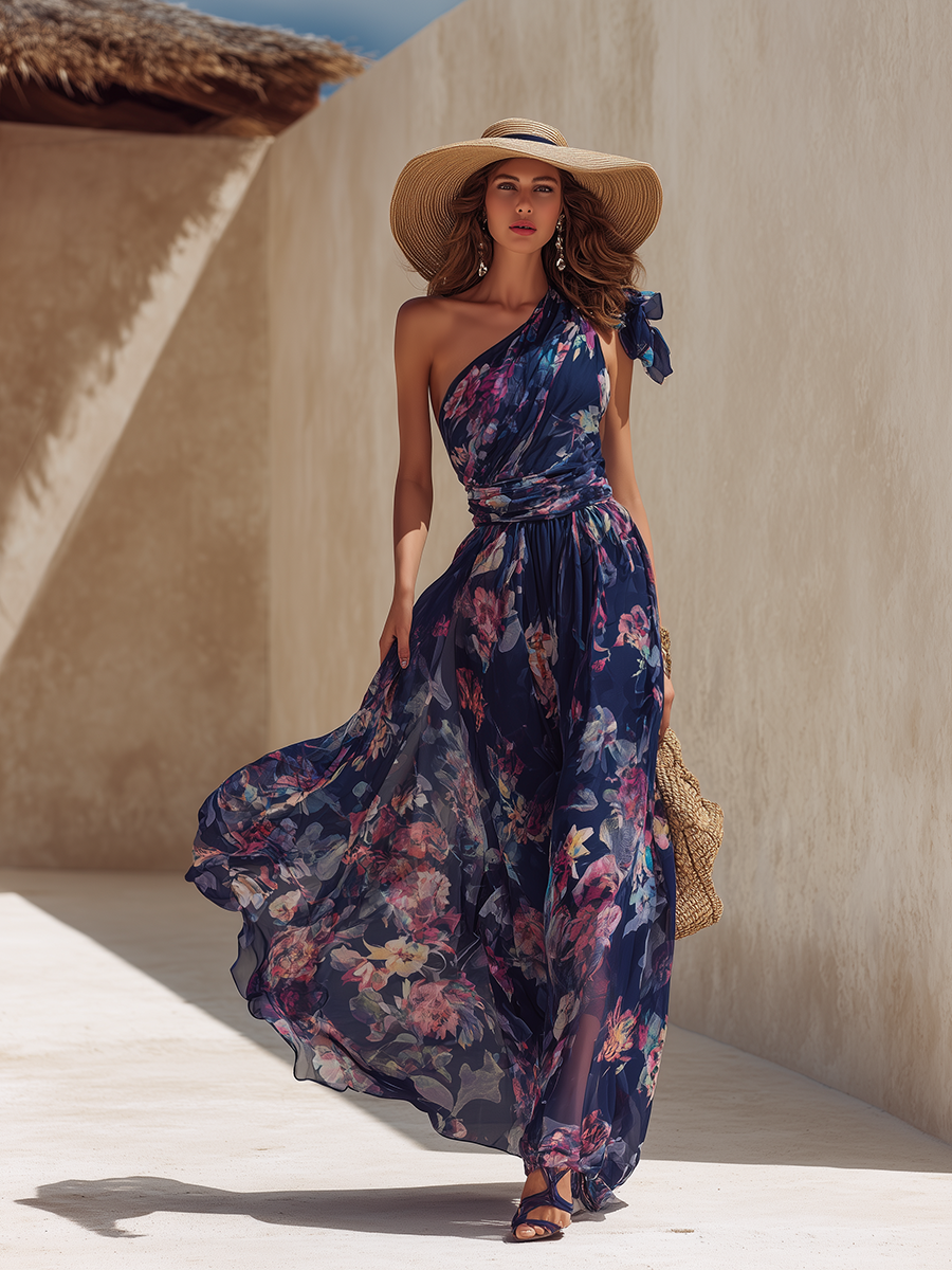 Elegant Vacation-Style Shoulder Straps And Dark Floral Print Chiffon Maxi Dress