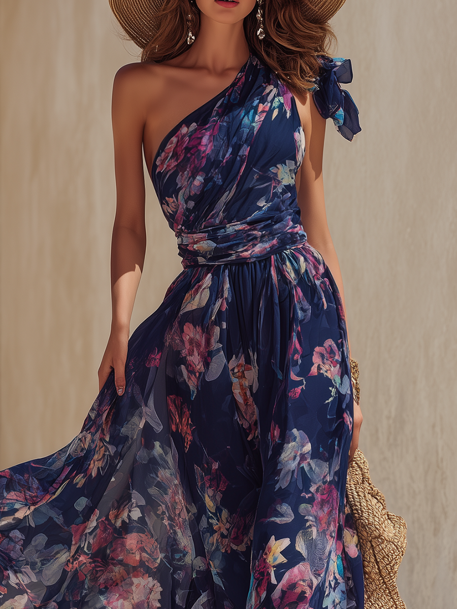 Elegant Vacation-Style Shoulder Straps And Dark Floral Print Chiffon Maxi Dress