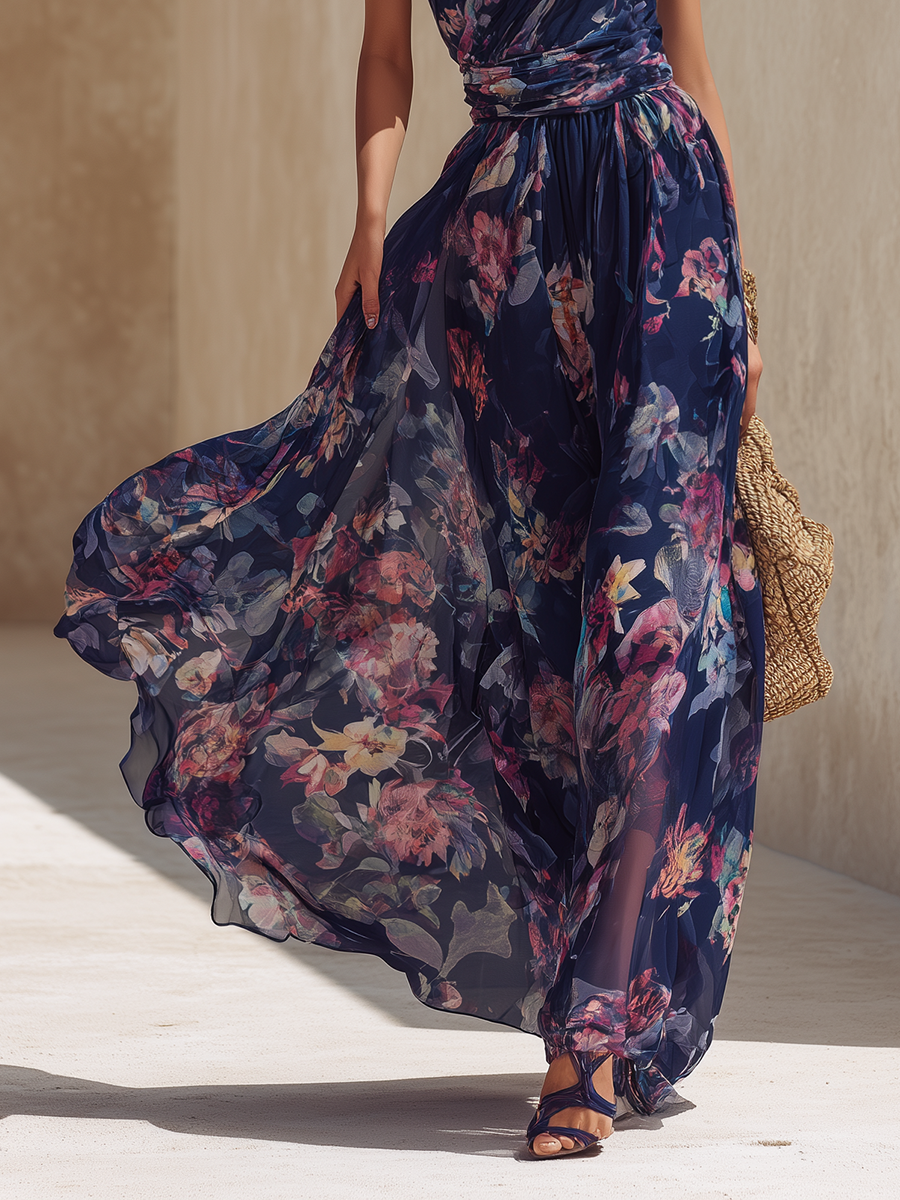 Elegant Vacation-Style Shoulder Straps And Dark Floral Print Chiffon Maxi Dress