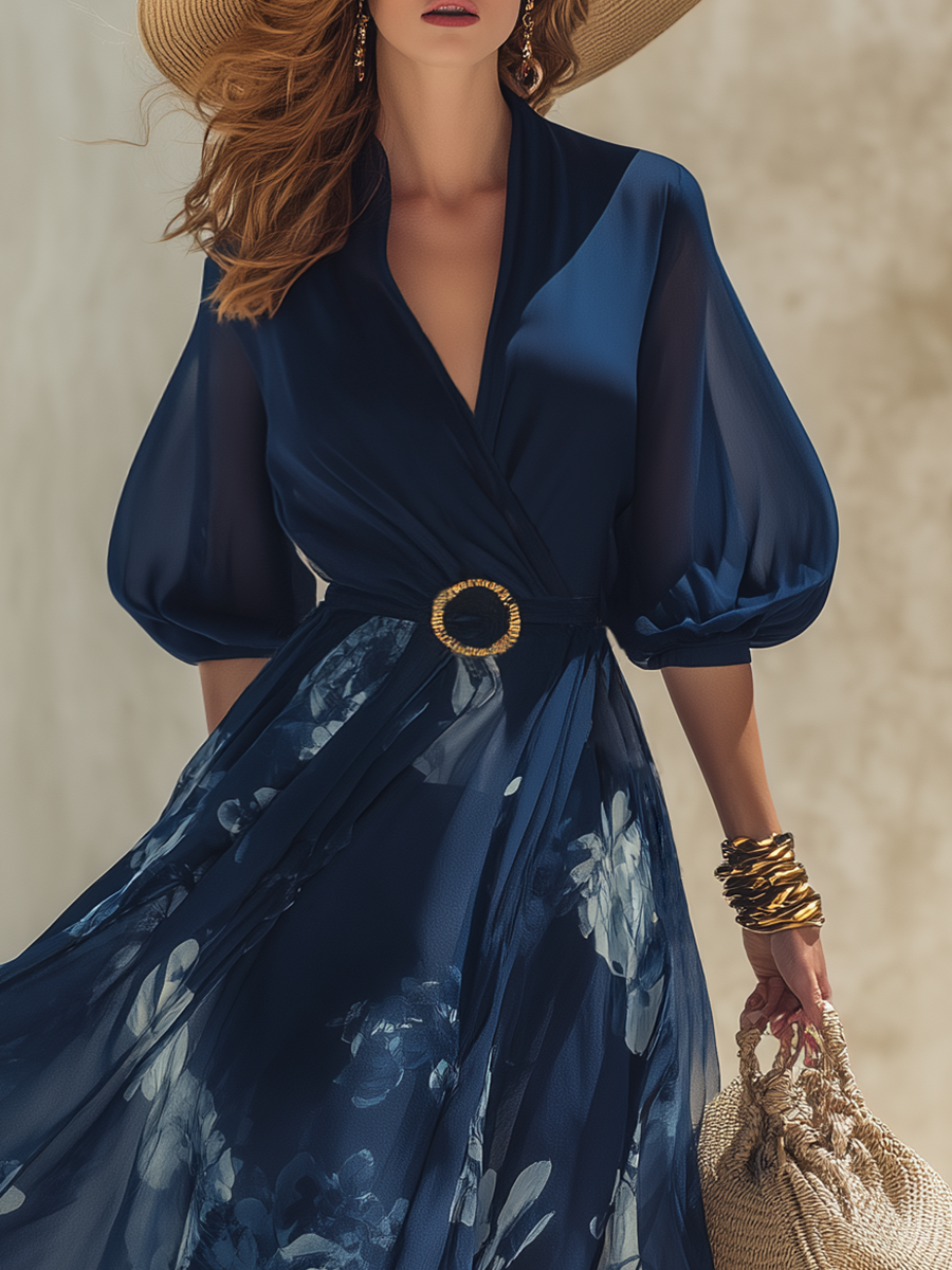 Elegant Vacation-Style V-Neck Short-Sleeve Dark Blue Printed Chiffon Maxi Dress