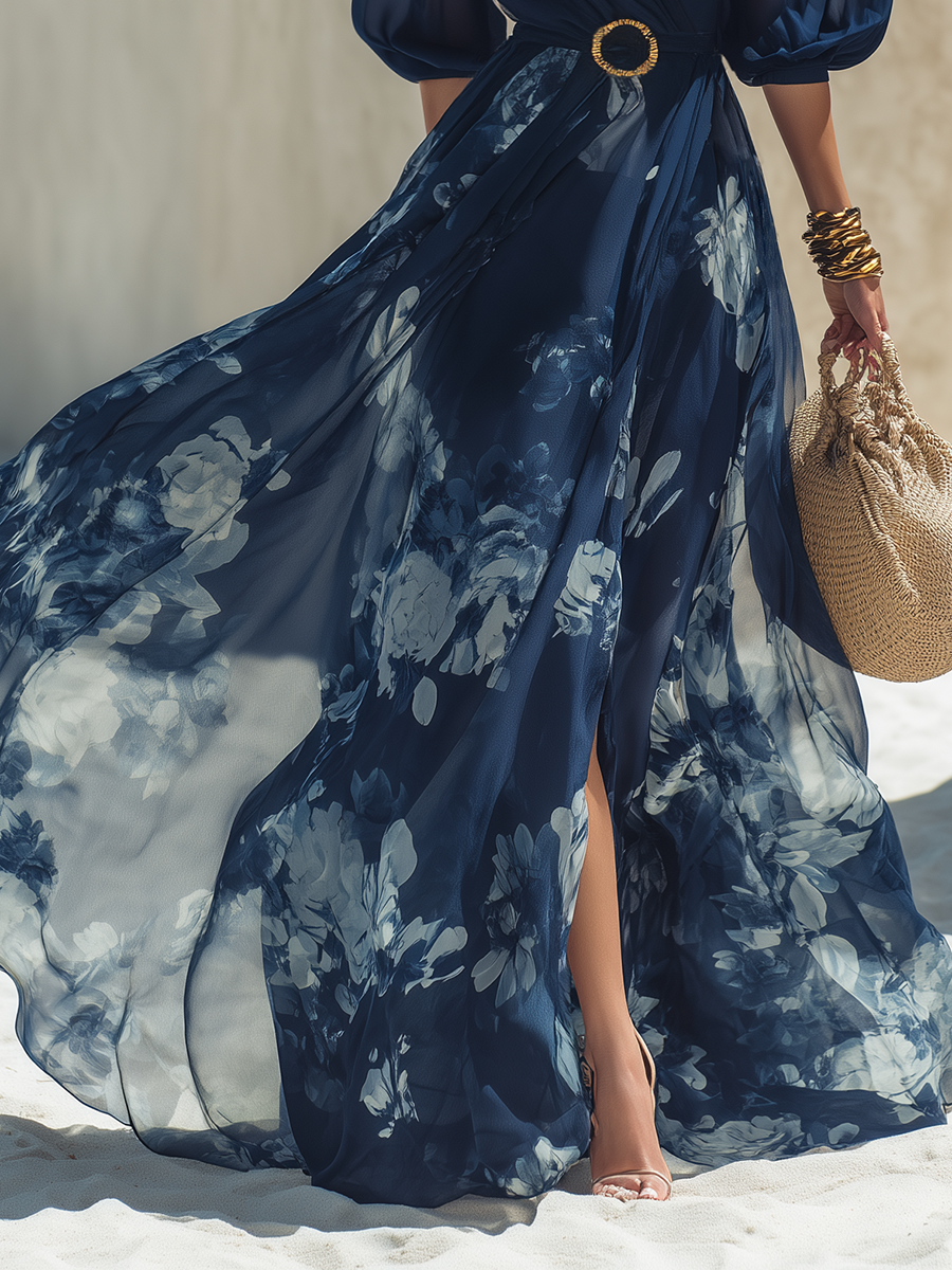 Elegant Vacation-Style V-Neck Short-Sleeve Dark Blue Printed Chiffon Maxi Dress